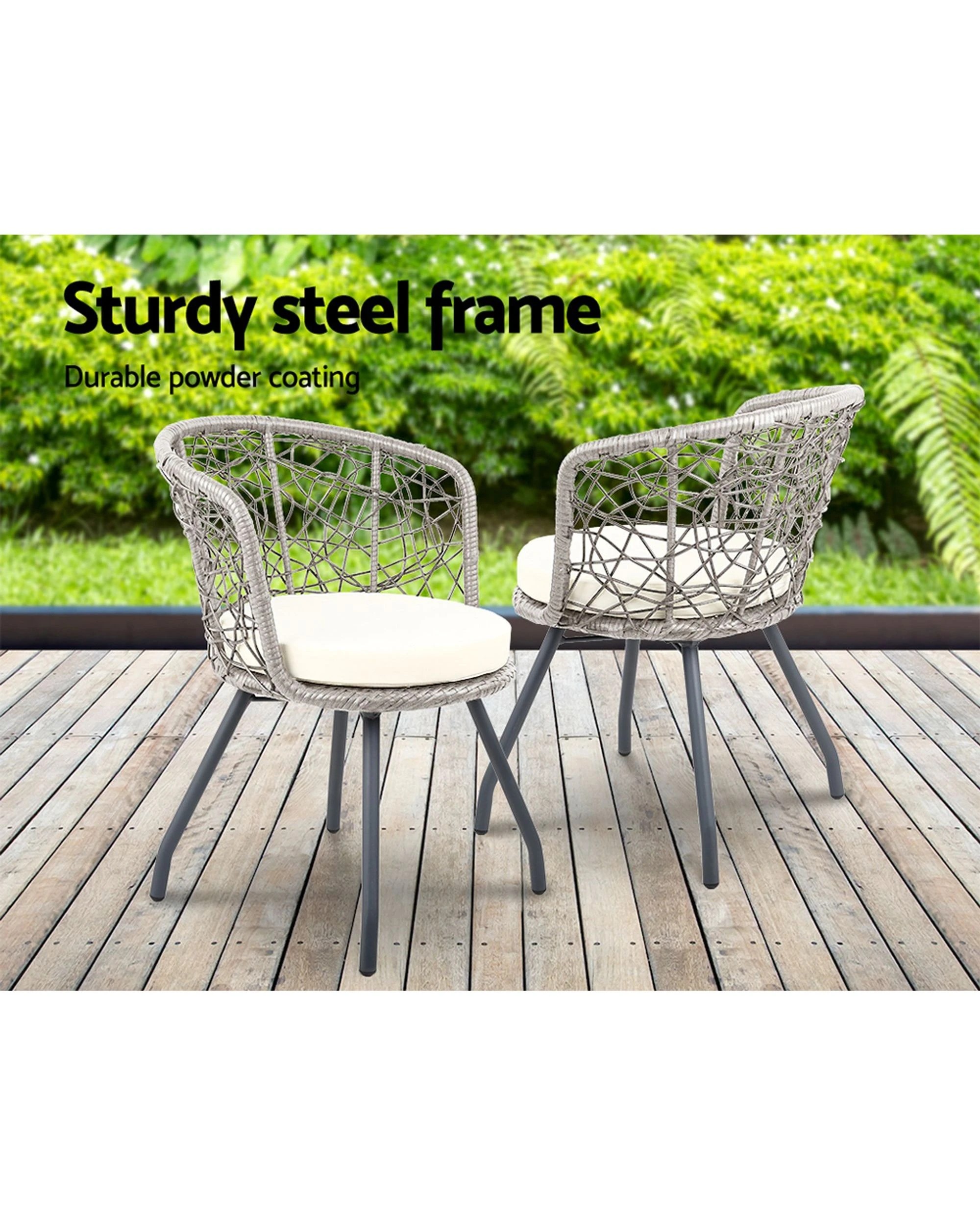 1 Gardeon 3pc Bistro Set Outdoor Furniture Rattan Table Chairs Patio Garden Cushion
 - Grey, 1 of 1
