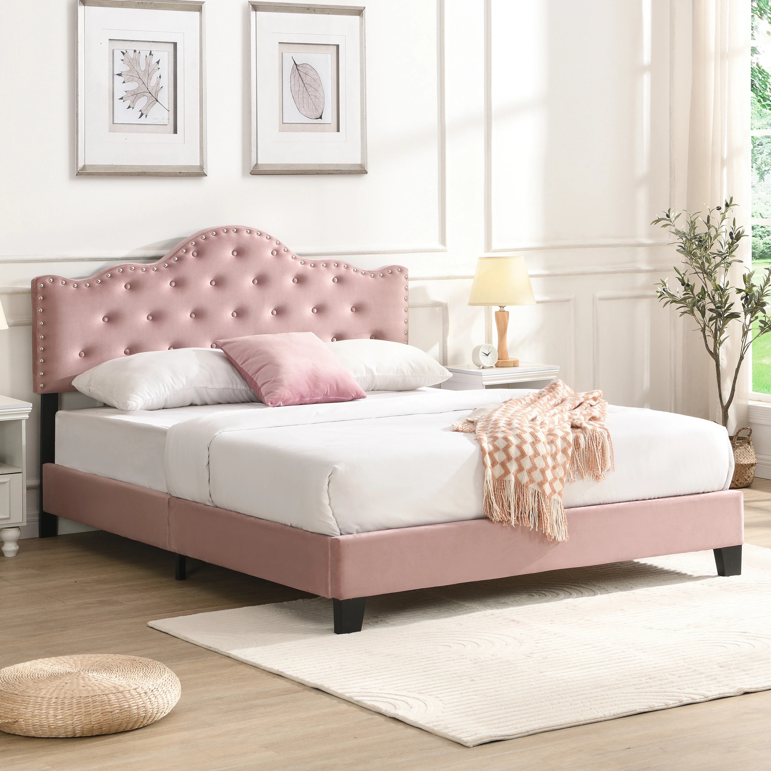 3 IHOMDEC BEF05 Velvet Crown Shape Double Bed Frame - Pink - Pink, 3 of 10