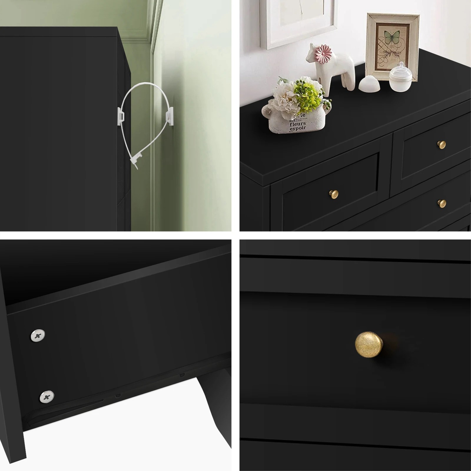 7 Alfordson 5 Chest of Drawers 2x Bedside Table Hamptons Bedroom Storage - Black, 7 of 10