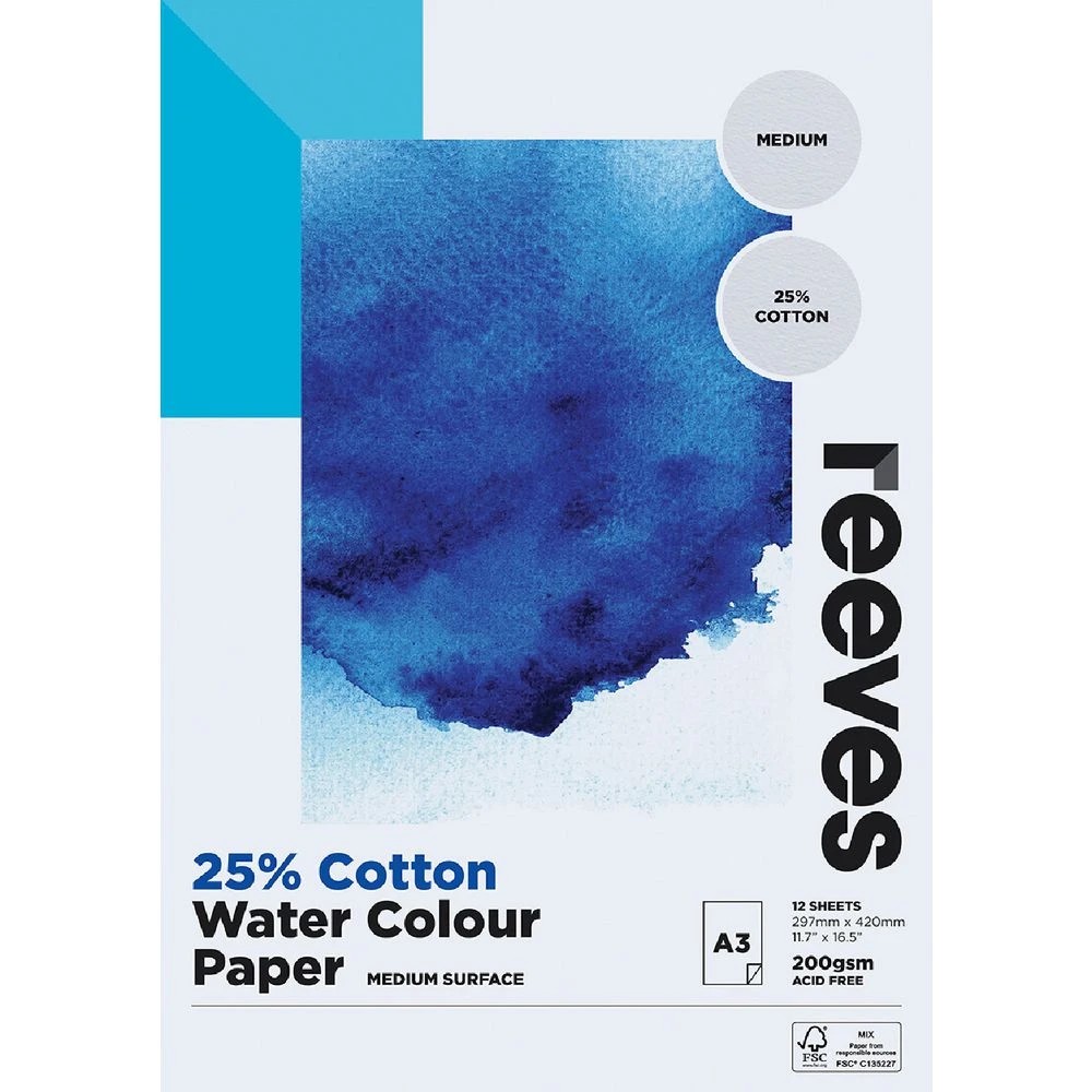 1 Reeves 25% Cotton Watercolour Pad 200gsm 12 Sheets A3, 1 of 1