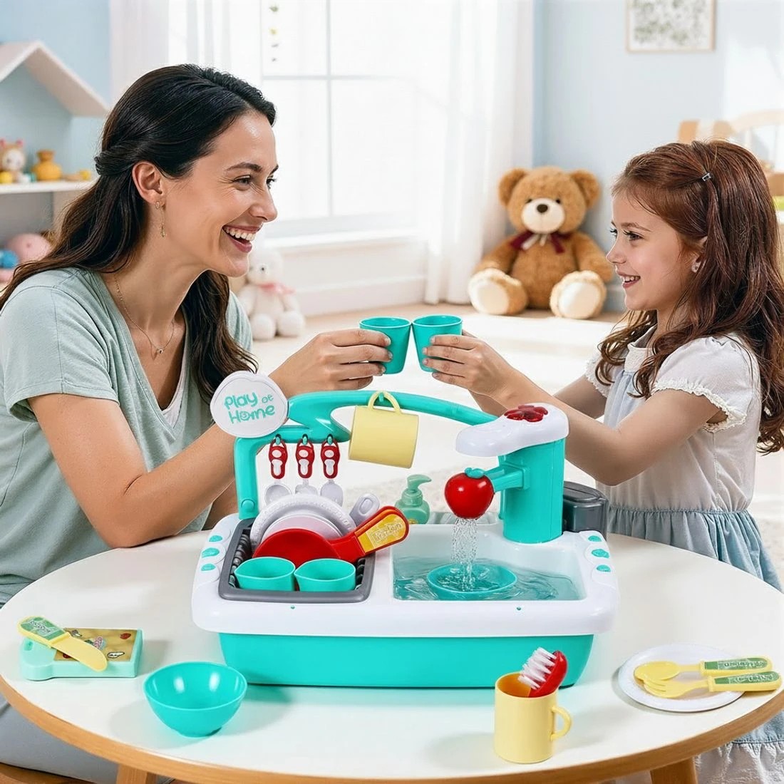 6 Keezi Kids Kitchen Play Set Play Pretend Sink Dishwasher Toys Green - Multi, 6 of 8