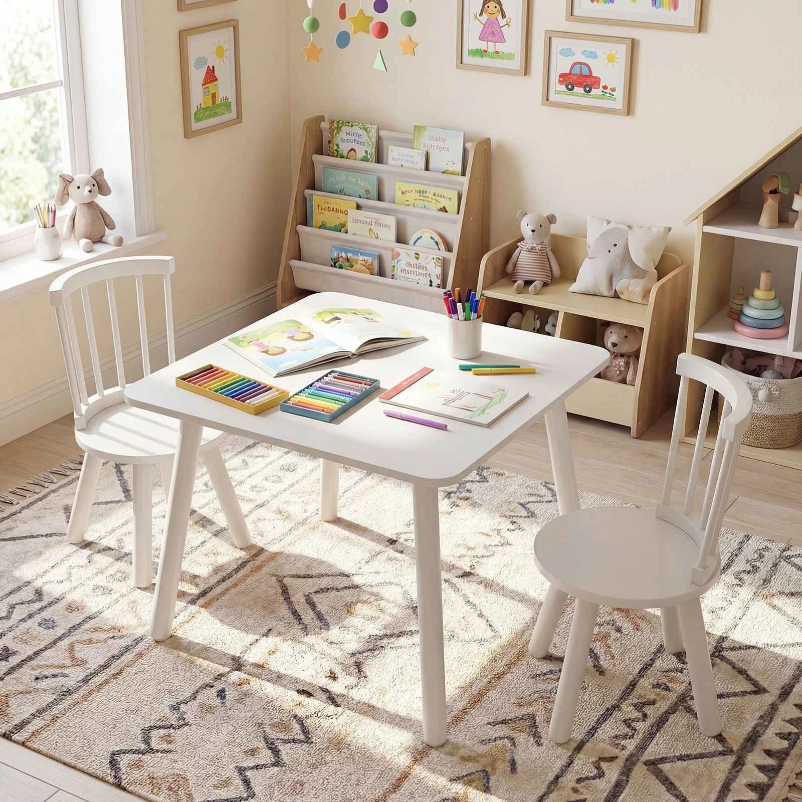2 Costway Table 2 Chairs Set Wood Activity Table Art Play Craft Furniture Curved Spindle - White, 2 of 2