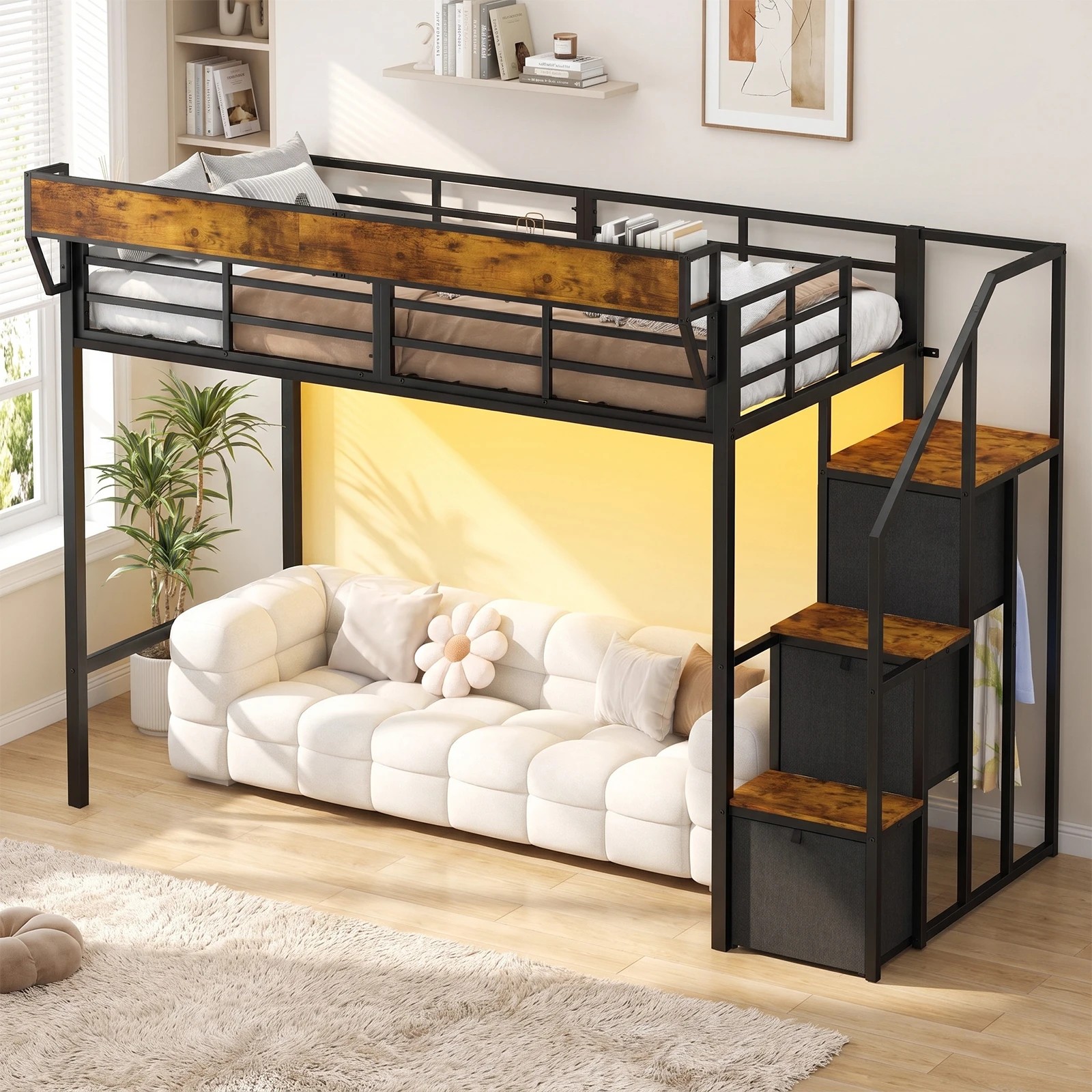 8 Advwin Single LED Loft Bed with Storage Stairs & Hanging Rod, Charging Station & Bedside Shelf - Black, 8 of 8