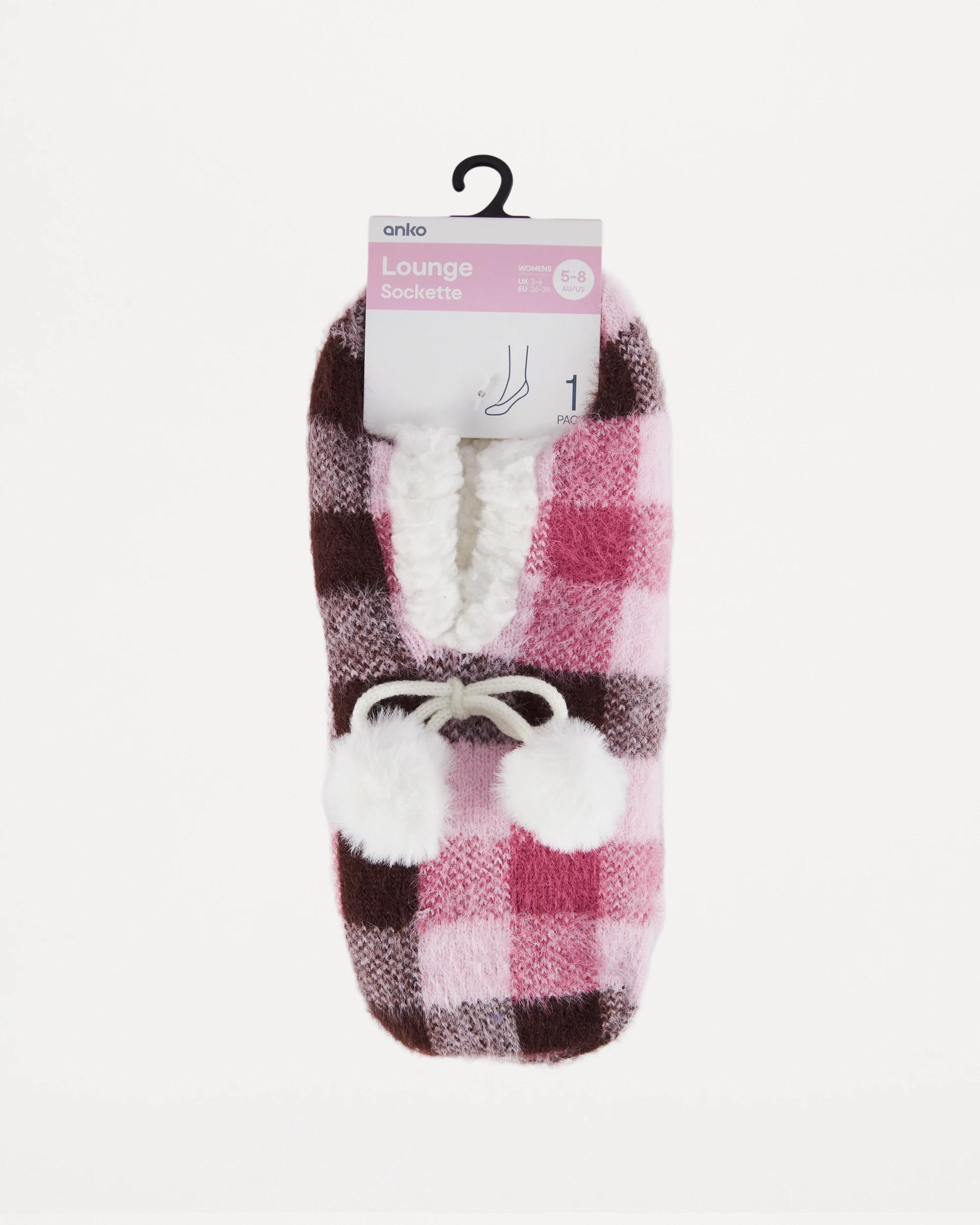 4 Sherpa Pom Pom Sockette Pink Check, 4 of 4
