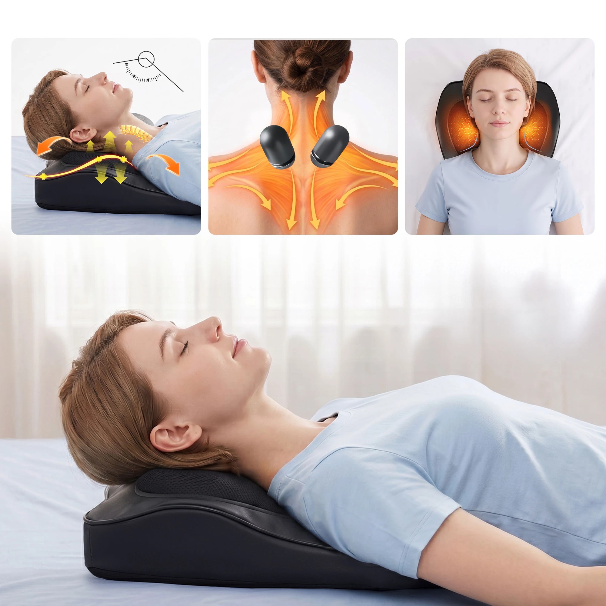 3 Livemor Neck & Back Massager Pillow with Heat, Ergonomic Backrest & Traction for Pain Relief - Black, 3 of 9