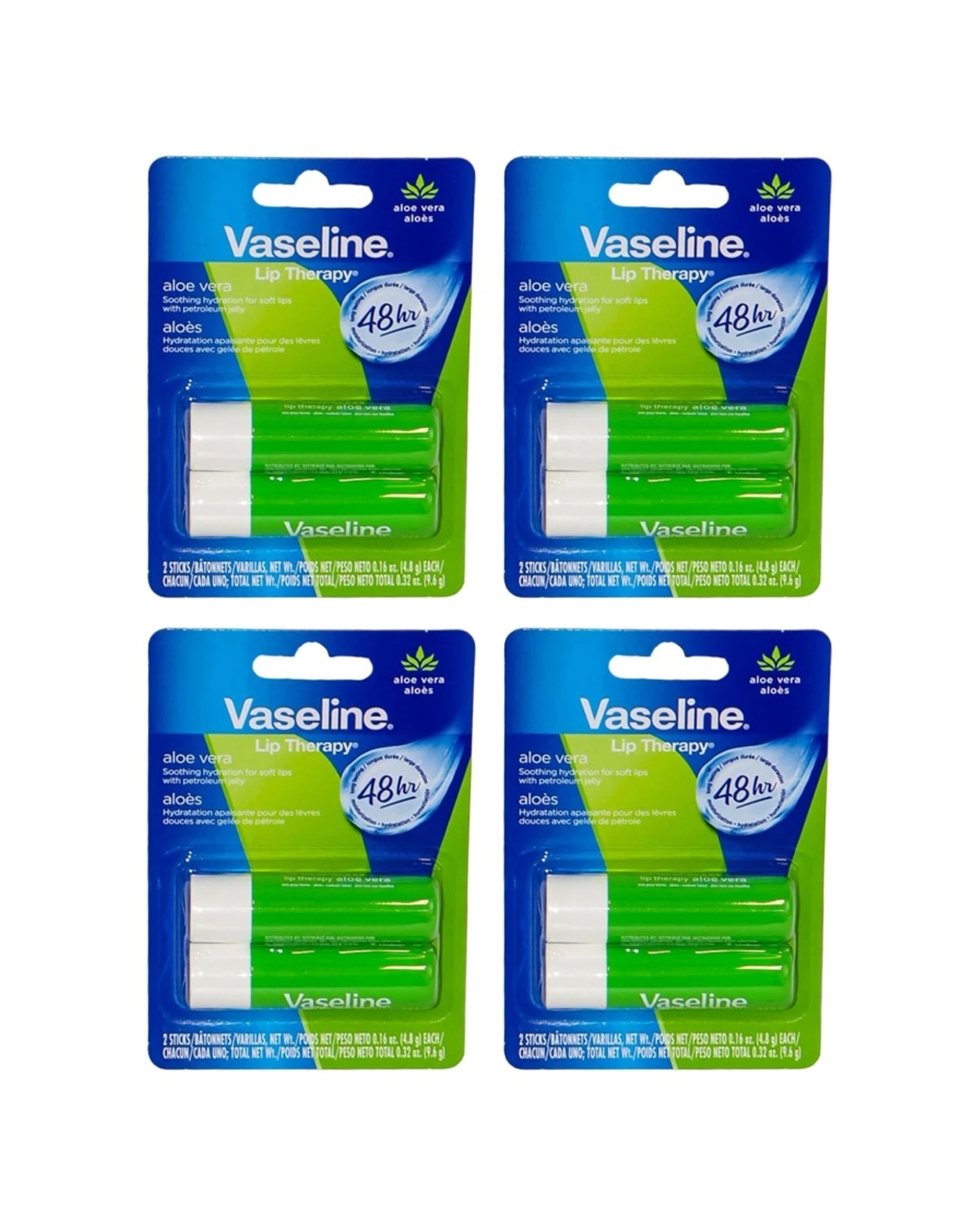 1 Vaseline 4x 2pc Lip Therapy Aloe Vera 48 Hour Hydration Pack 4.8g - Green, 1 of 3