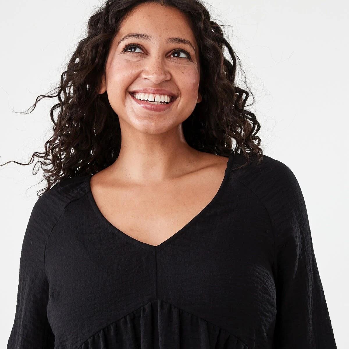 4 Long Sleeve Textured Smock Mini Dress Black, 4 of 7
