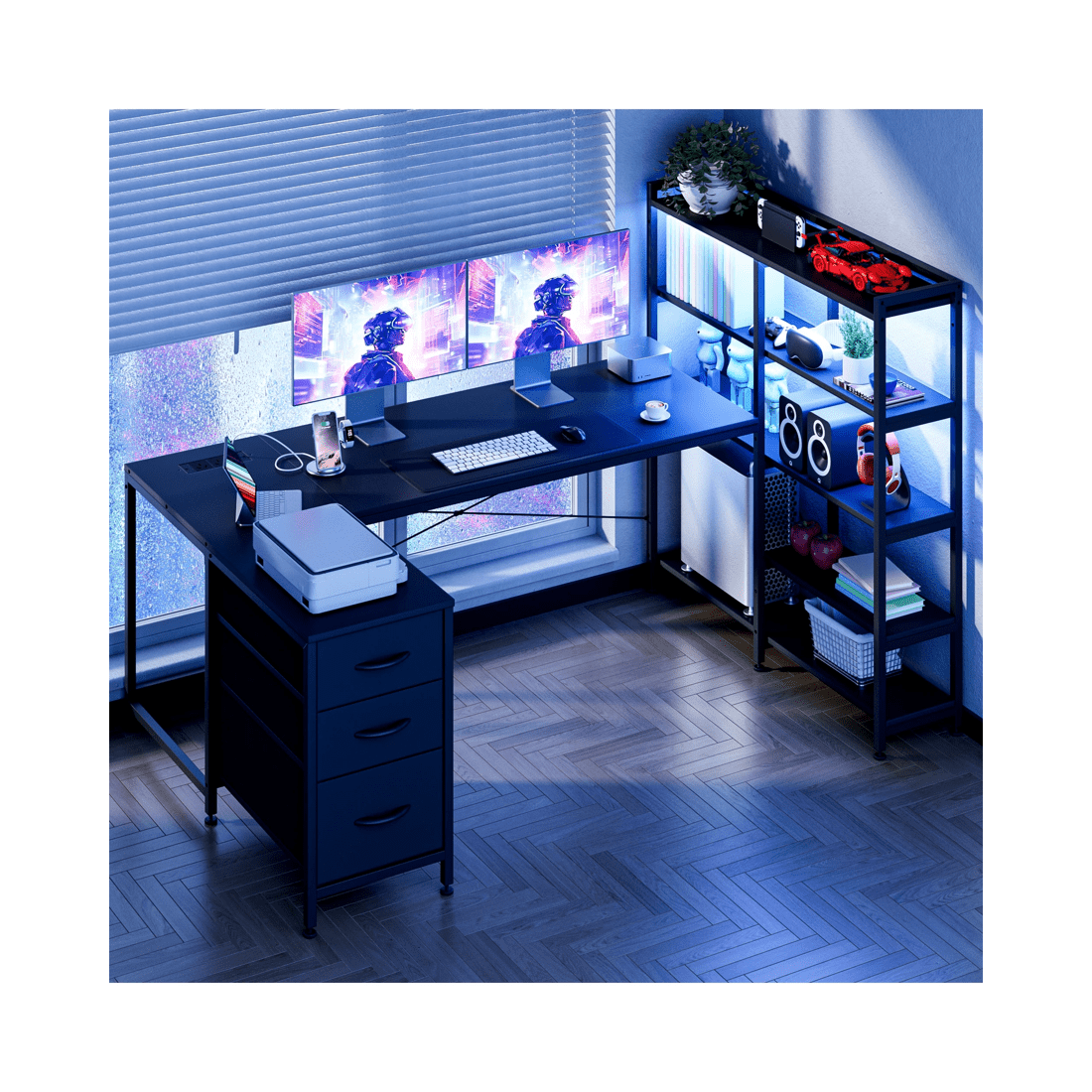 10 Advwin U Shaped Gaming Desk With Led Lights & Power Outlets Reversible 164cm Computer Desk With Bookshelf Black, 10 of 10