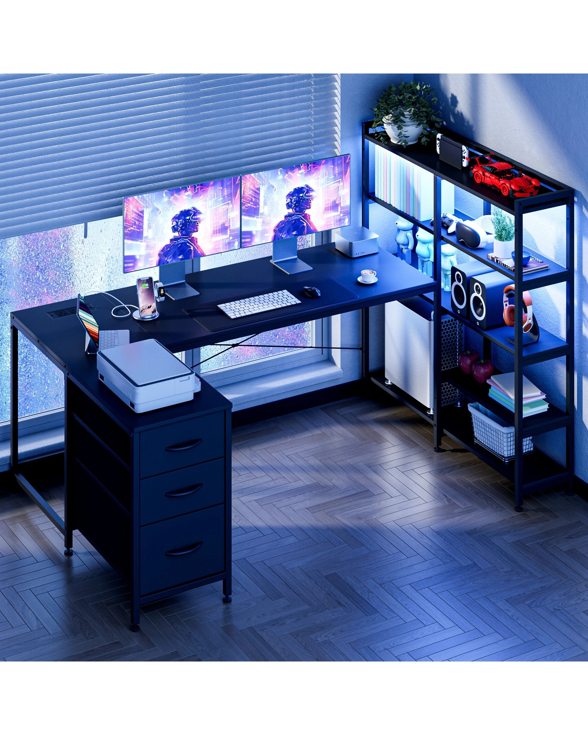 10 Advwin U Shaped Gaming Desk With Led Lights & Power Outlets Reversible 164cm Computer Desk With Bookshelf Black, 10 of 10