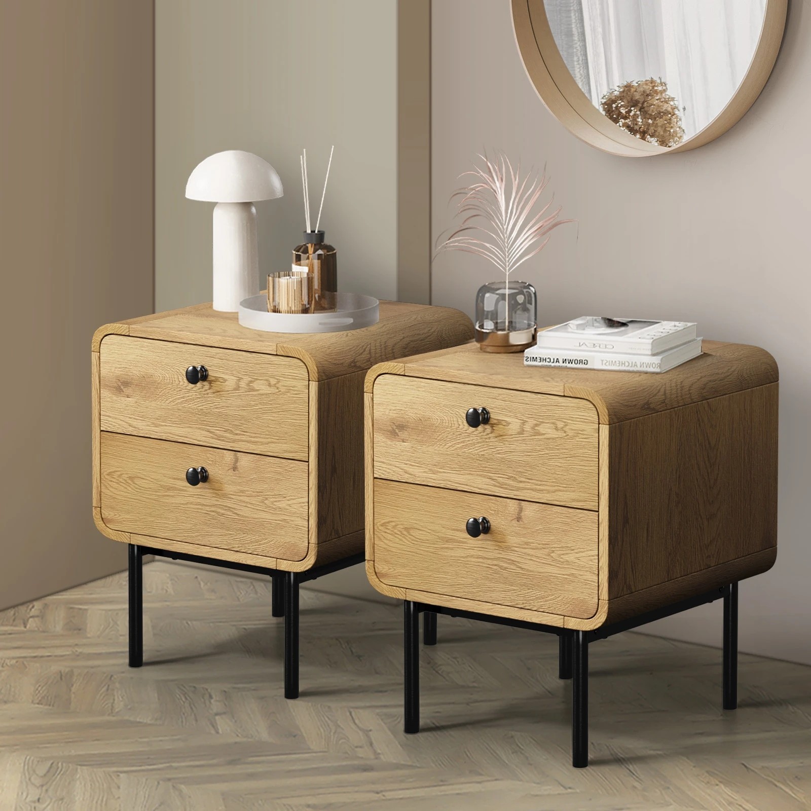 3 Oikiture 2x Bedside Table 2 Drawers Side Table Bedroom Nightstand - Natural, 3 of 7