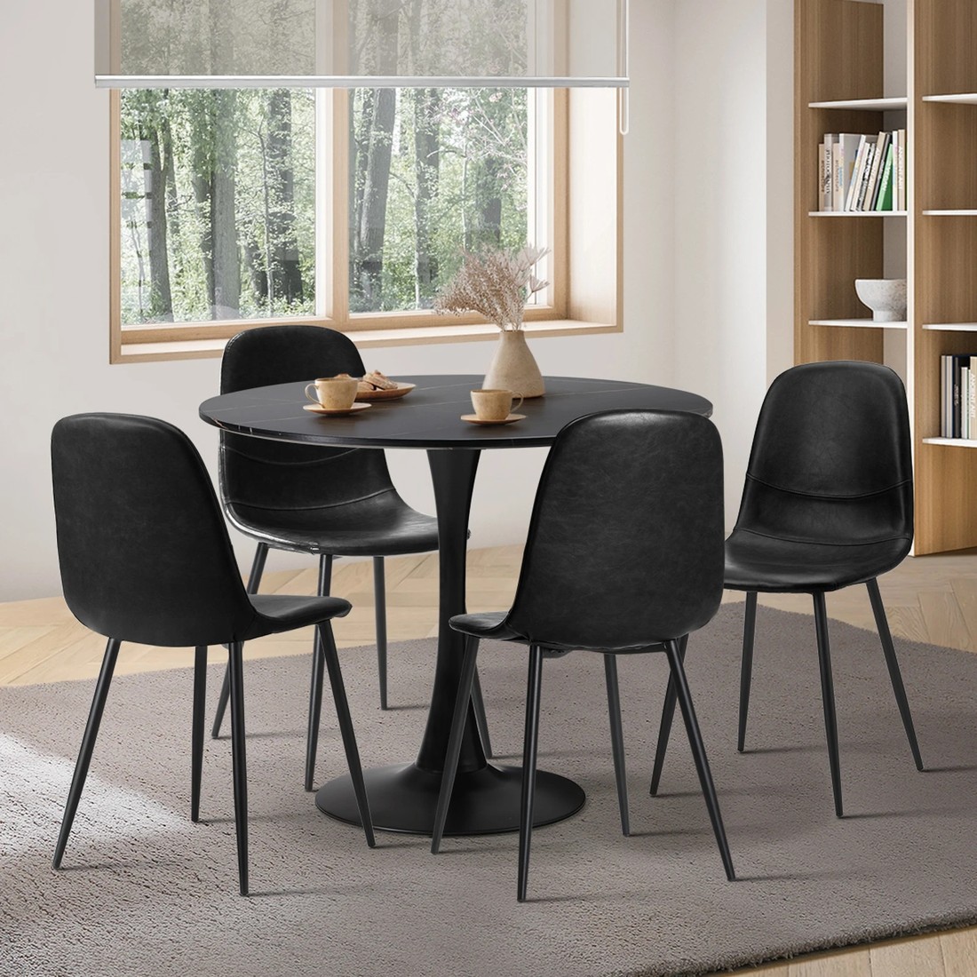 3 Oikiture 90cm Round Dining Table With 4x Dining Chairs Pu Leather
 - Black, 3 of 10