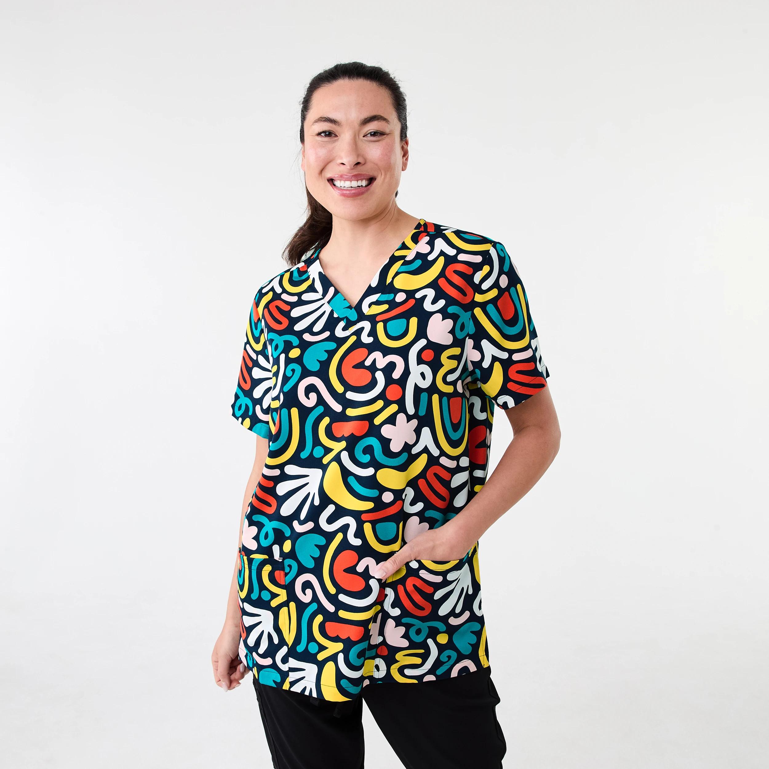 1 Unisex Short Sleeve Print Scrub Top Nvy Abstrc, 1 of 7