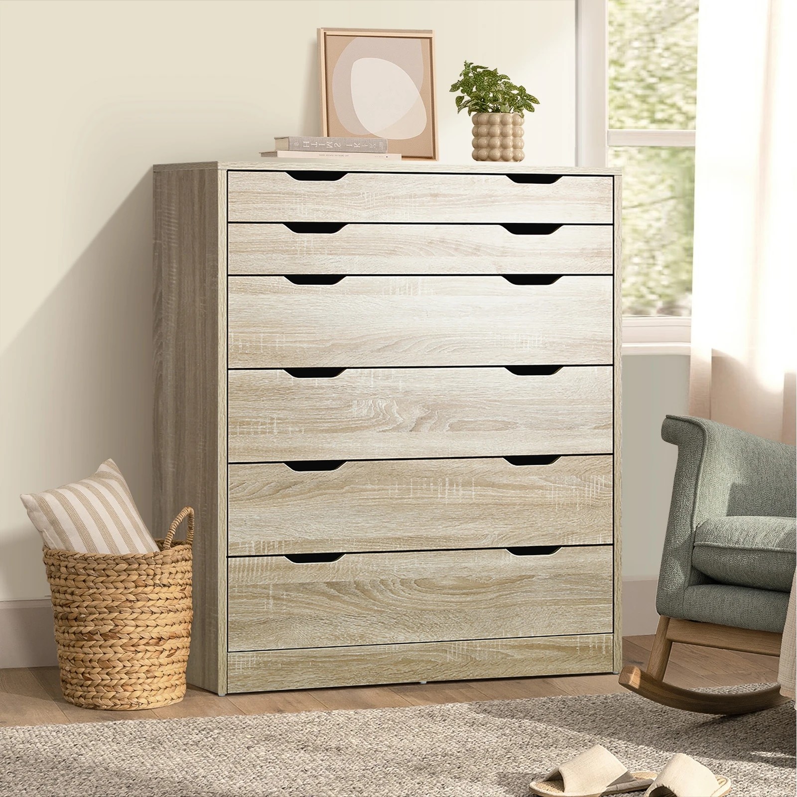 4 Oikiture 6 Chest Of Drawers Tallboy Storage Cabinet Dresser
 - Natural, 4 of 8