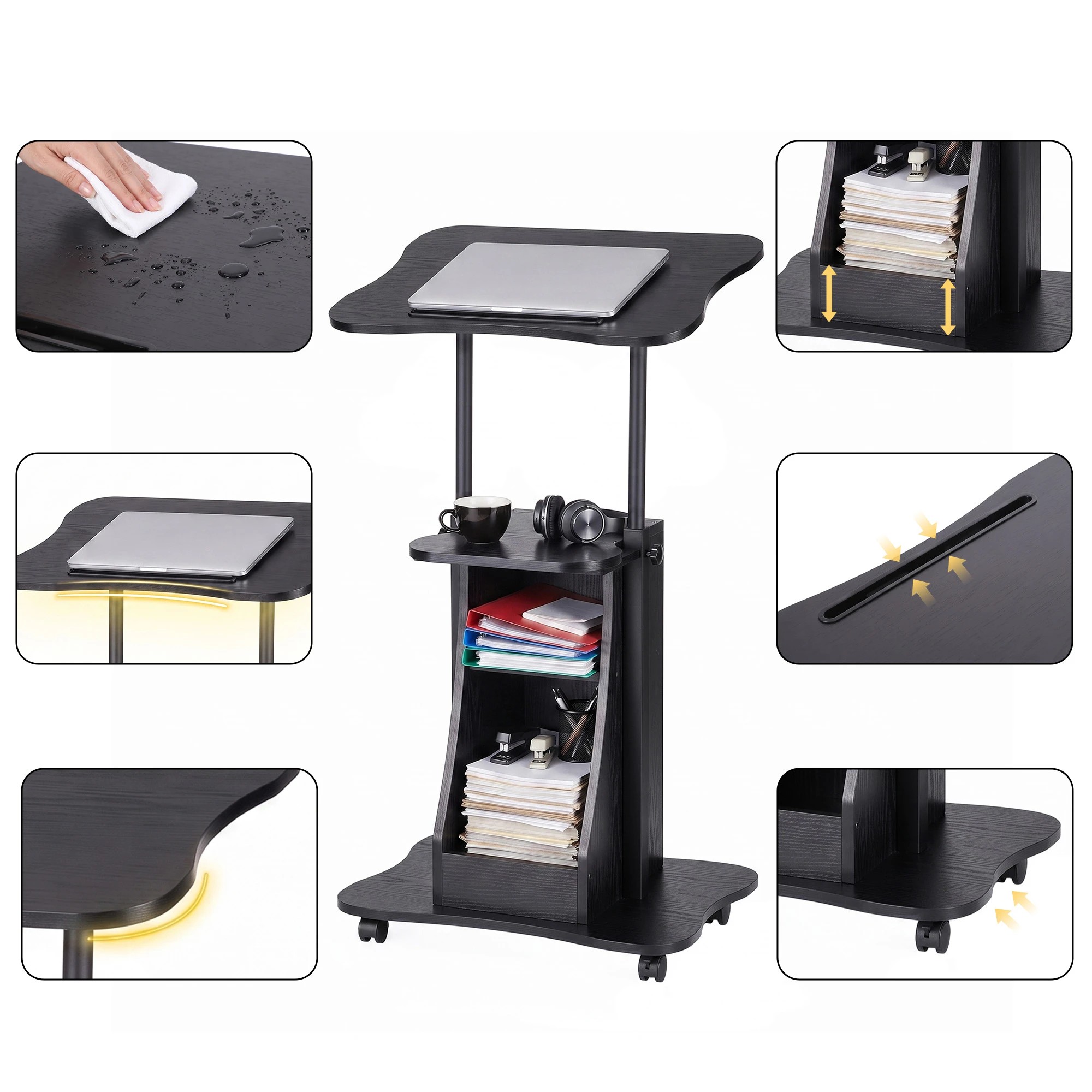 8 Artiss Mobile Podium Stand with Lockable Wheels Height Adjustable Laptop Desk - Black, 8 of 10