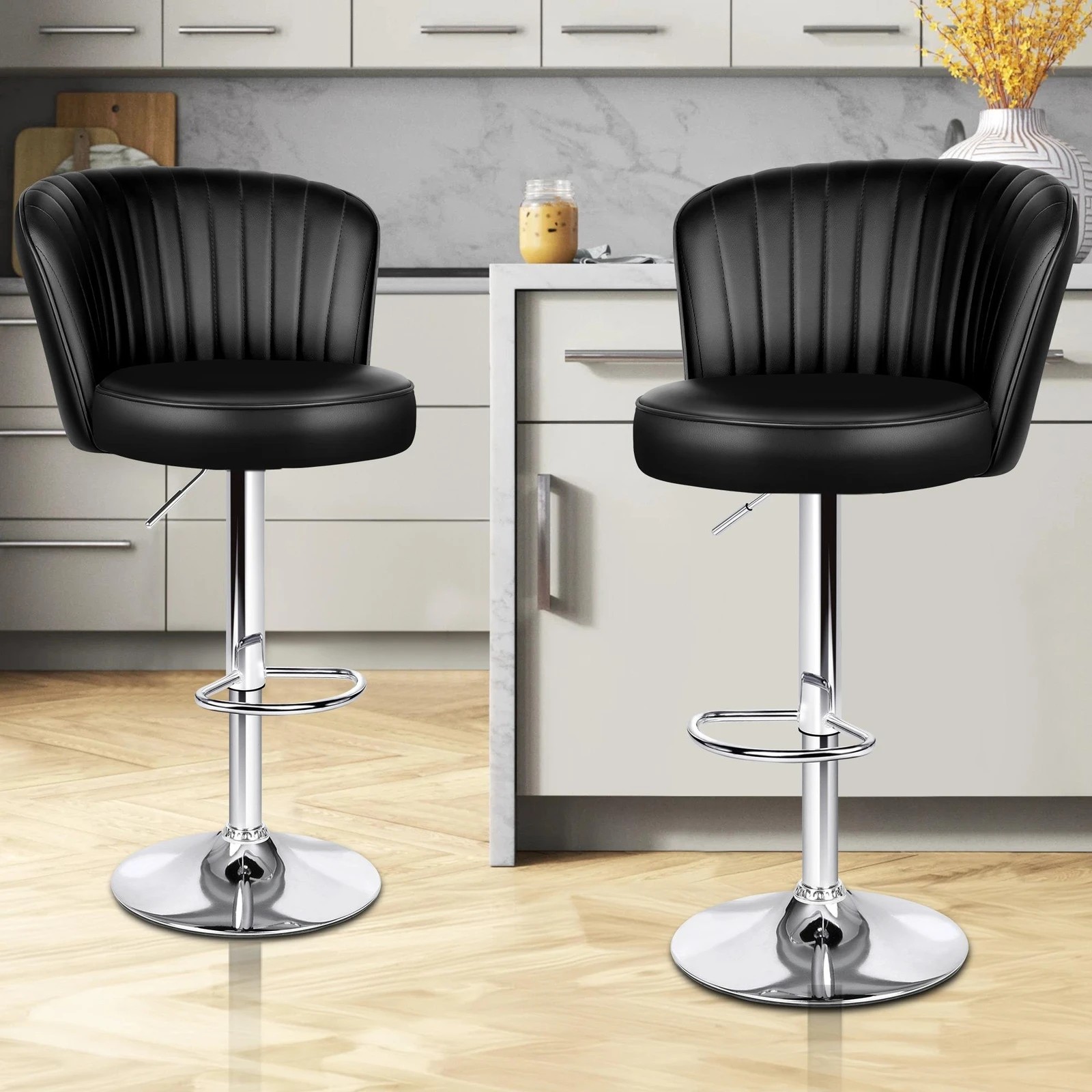 2 Alfordson 2x Bar Stools Gas Lift Leather Bar Chairs Kitchen Swivel Dylan - Black, 2 of 9