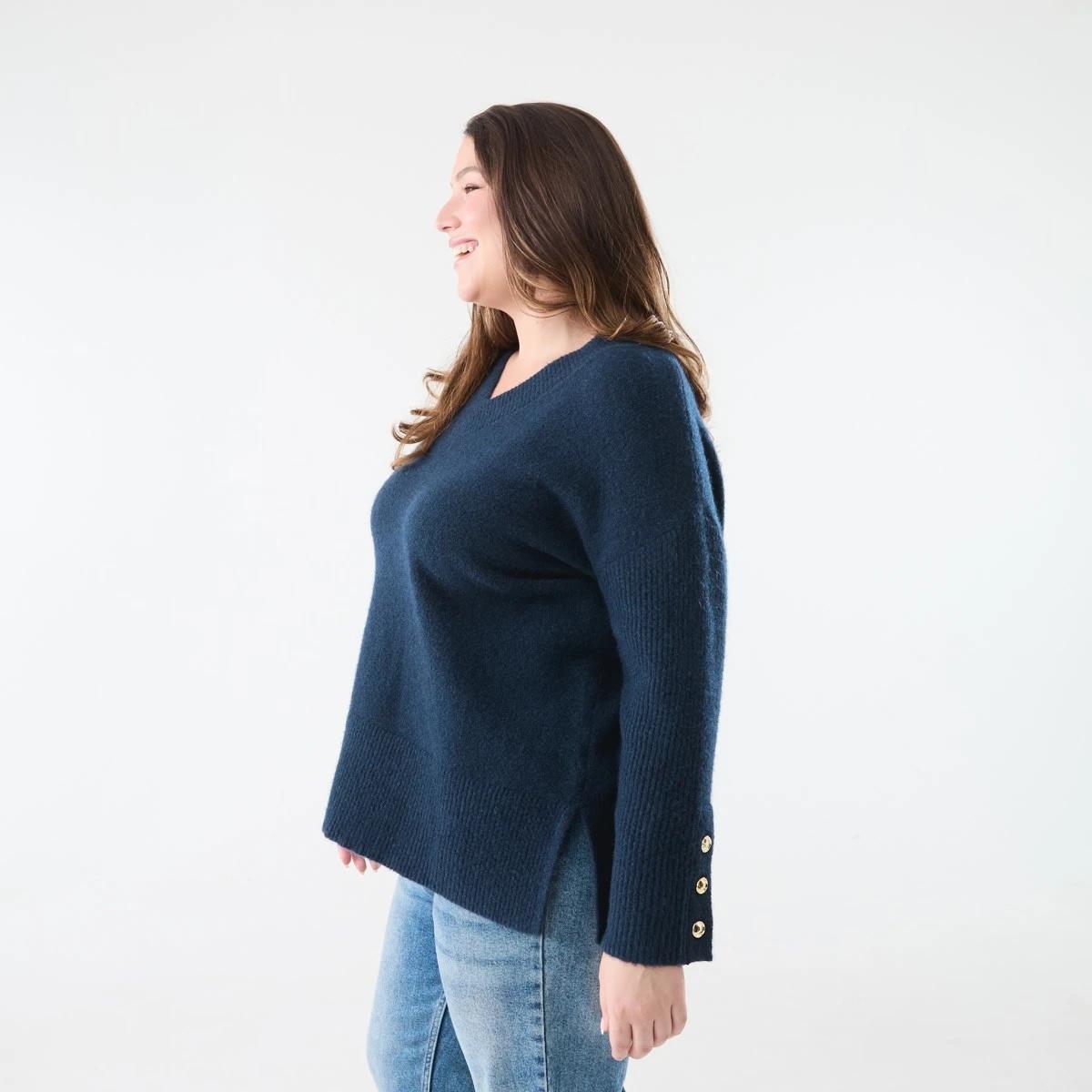 2 Curve Button Detail V-Neck Jumper Navy Blaze, 2 of 6