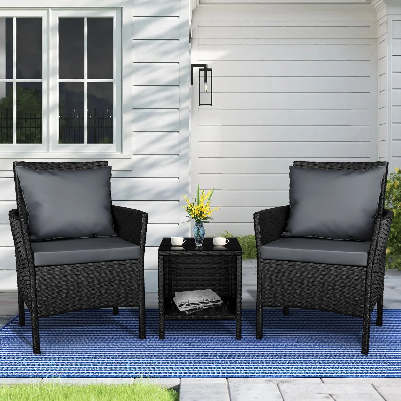 2 Alfordson Outdoor Furniture 3PCS Wicker Bistro Set Patio Chairs Table - Black, 2 of 9