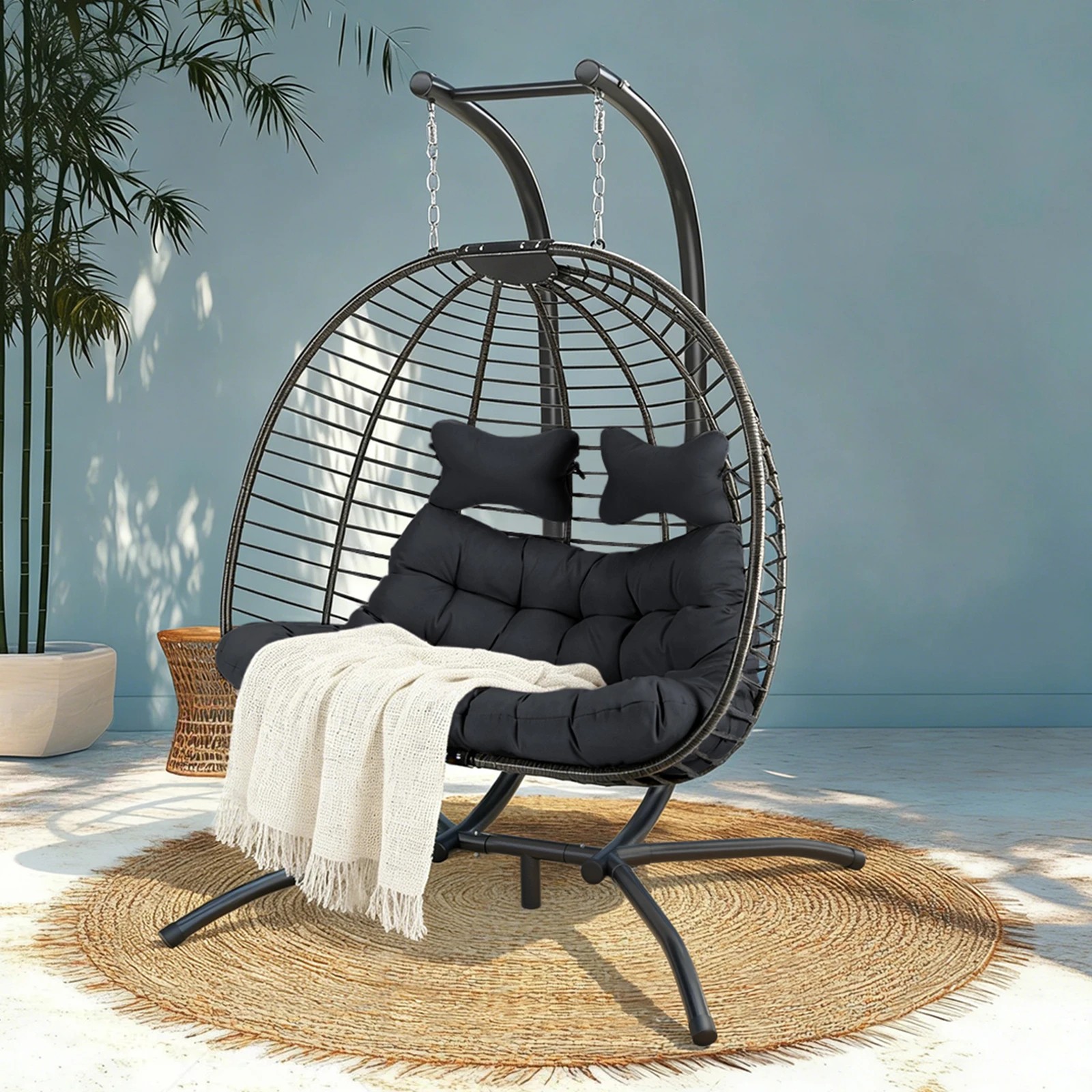 5 Alfordson Outdoor Egg Swing Chair 2 Seater Wicker Rattan Pod Hanging - Grey, 5 of 10