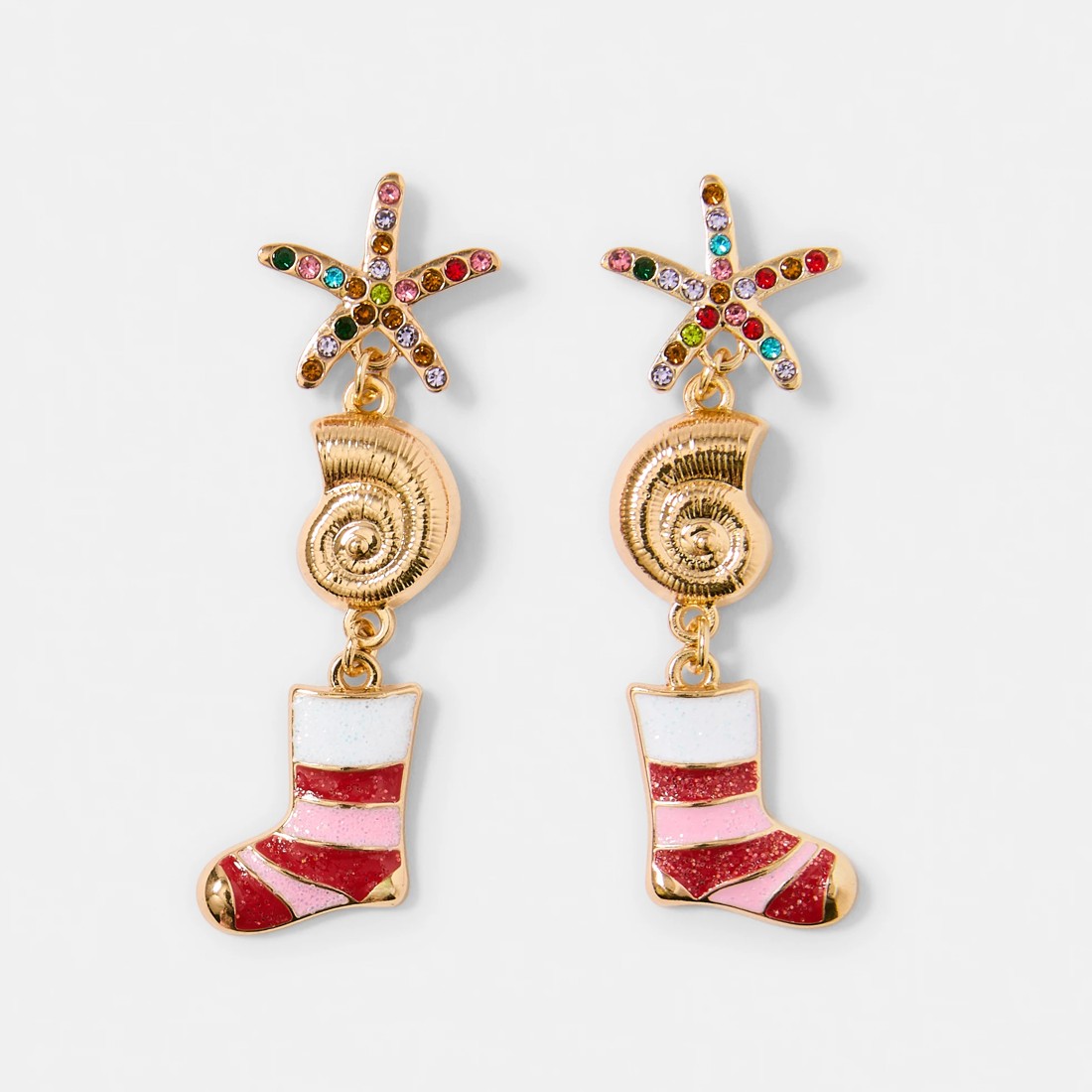1 Christmas Shells Stocking Earrings - Gold Tone, Red, White and Pink, 1 of 5