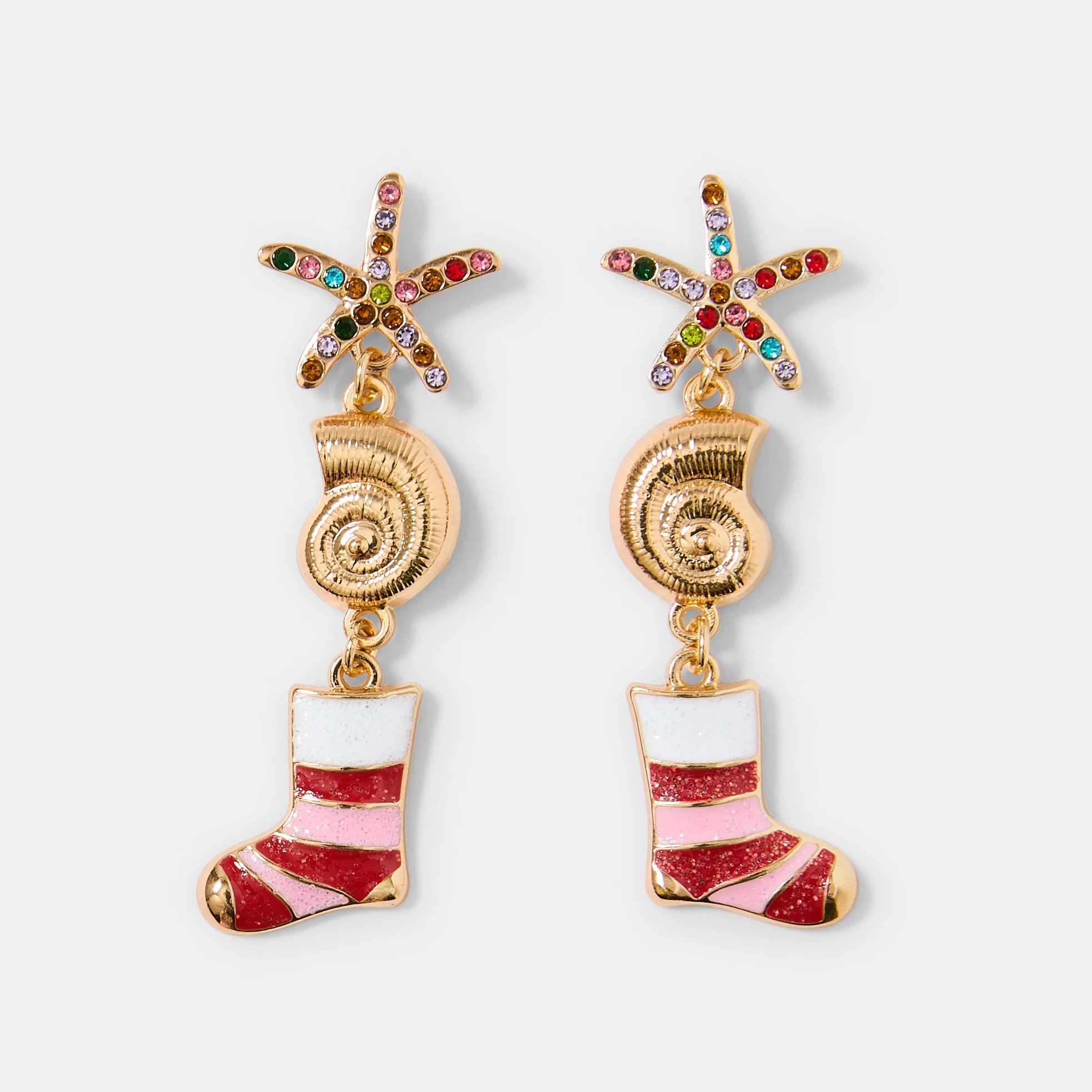 1 Christmas Shells Stocking Earrings - Gold Tone, Red, White and Pink, 1 of 5