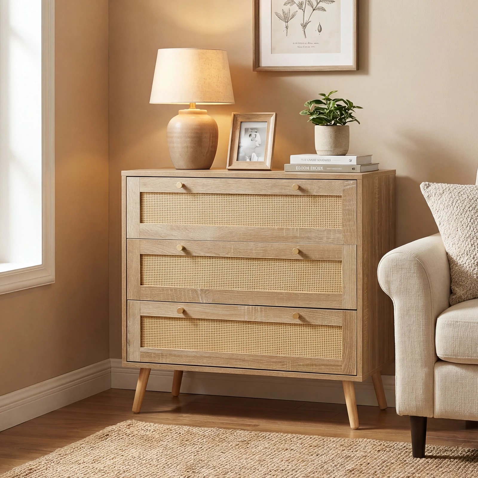 3 Costway 3 Chest of Drawer Rattan Dresser Chest Nightstand Bedside Table Cabinet, 3 of 6