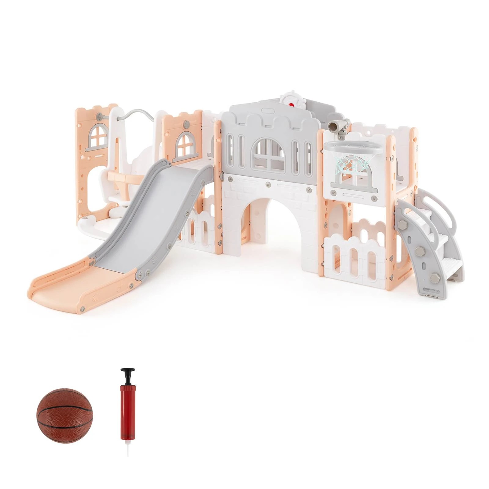 1 Costway Kids Slide Swing Set w/Basketball Hoop Pink, 1 of 2