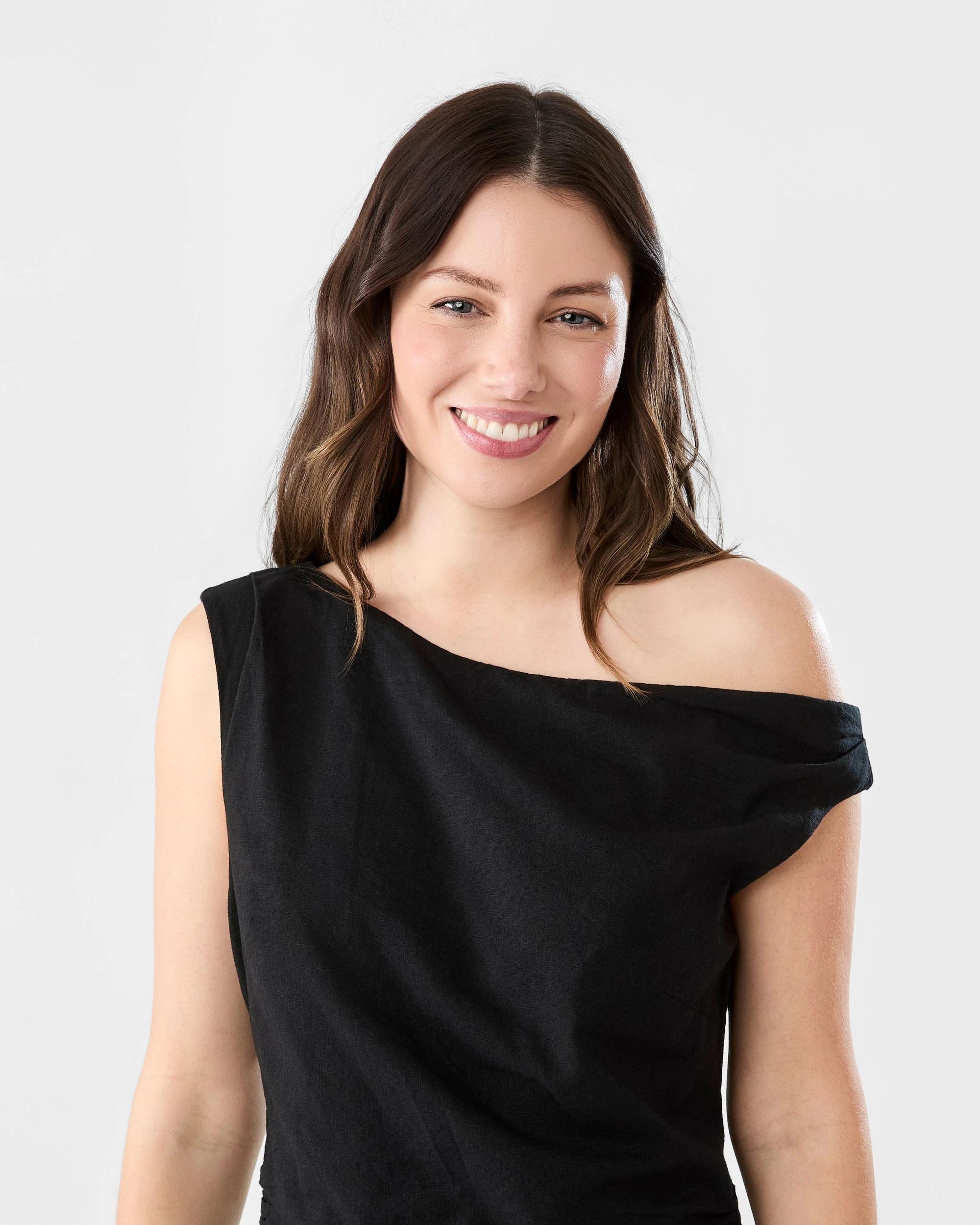 4 Sleeveless Asymmetrical Off Shoulder Midi Dress Black, 4 of 5