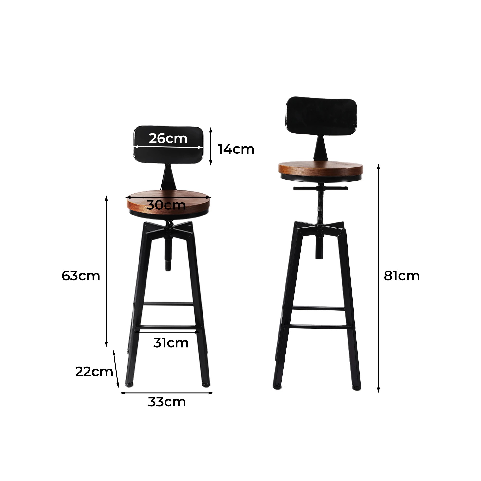 3 Levede 2x Bar Stool Kitchen Wooden Metal Backrest Barstools Industrial Swivel, 3 of 6