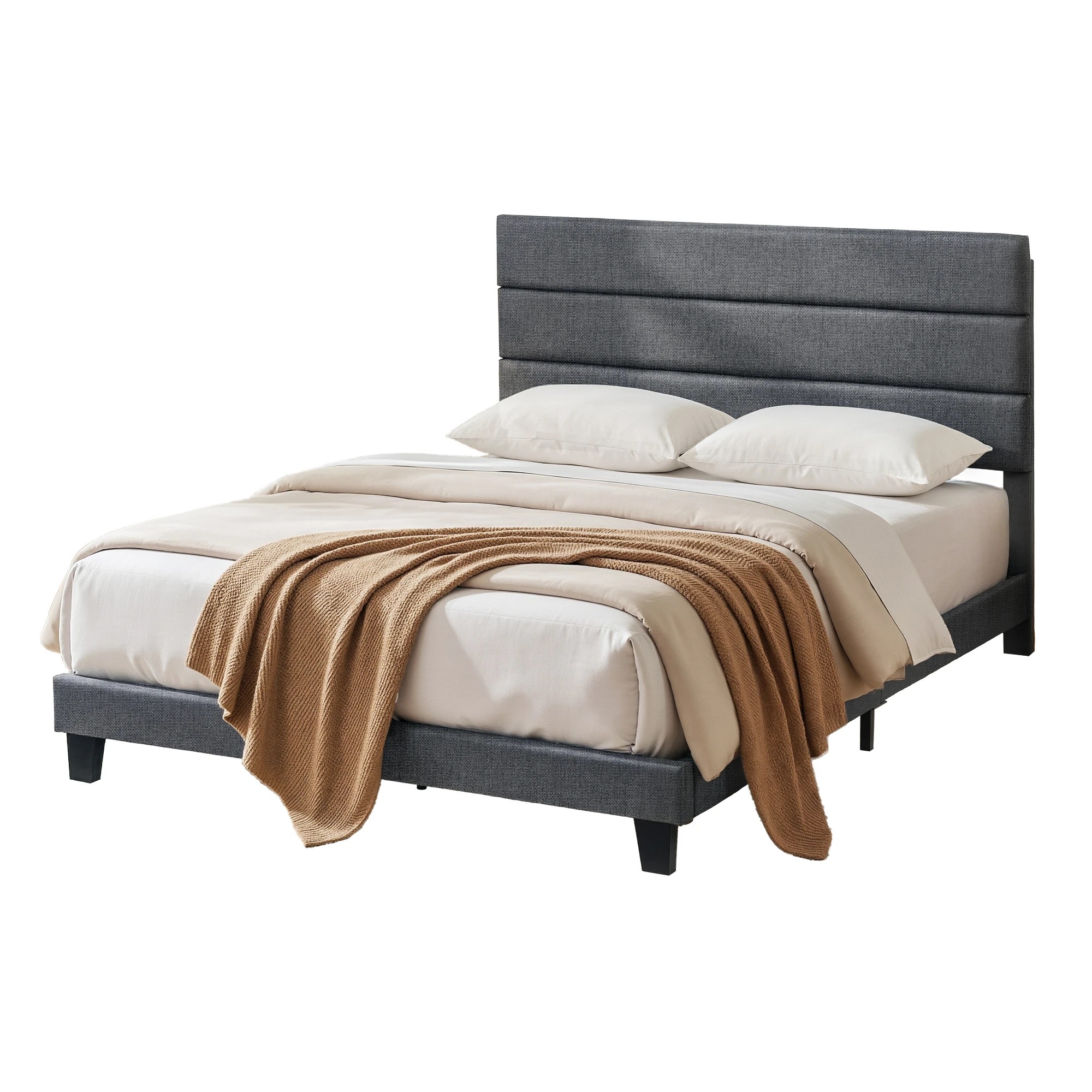1 Artiss Queen Bed Frame Upholste Platform Base with Geometric Headboard - Charcoal, 1 of 2