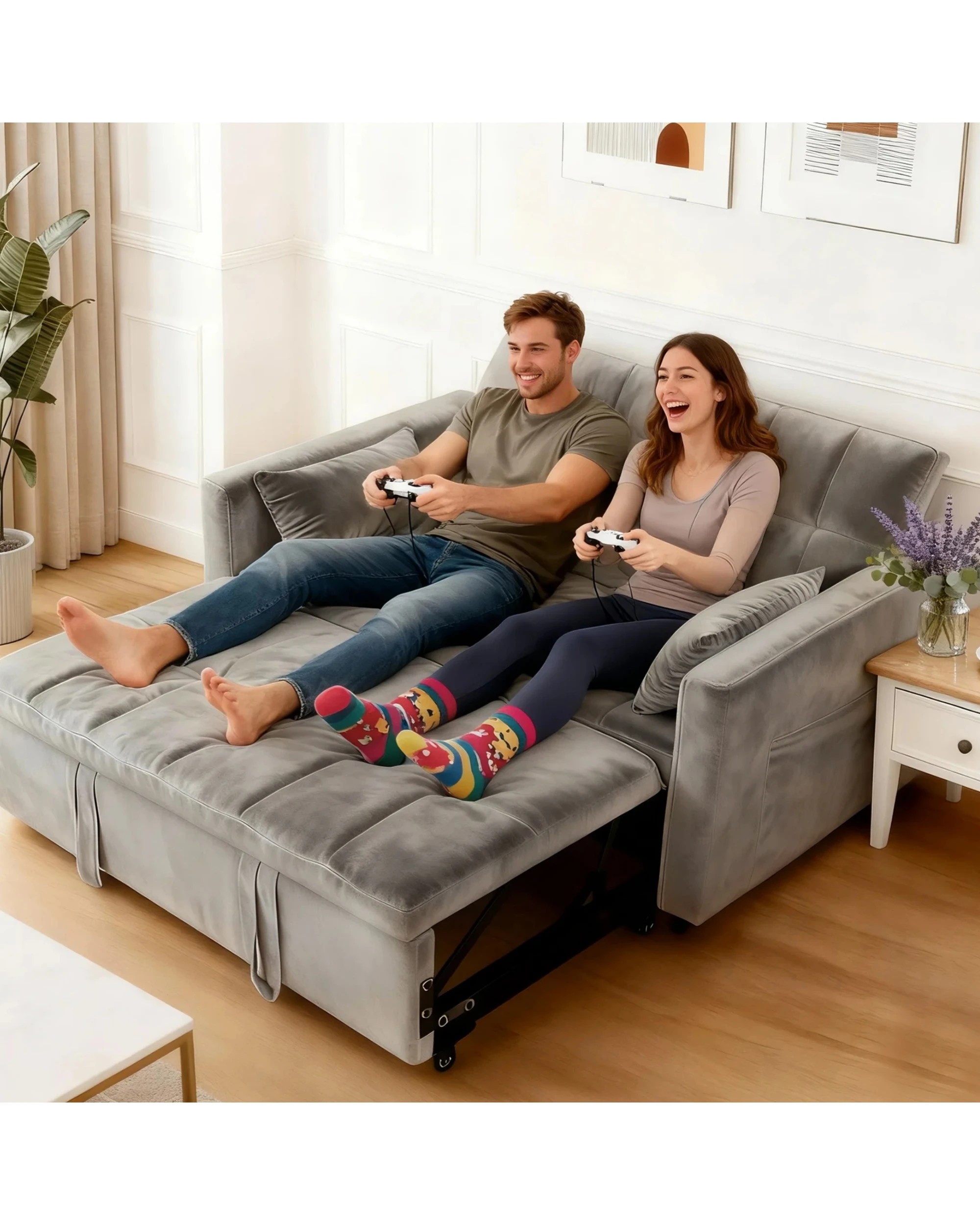 6 Advwin 3 in 1 Convertible Sofa Bed Velvet Sleeper Loveseat with Adjustable Backrest Pull Out Couch with Side Pocket, 6 of 10