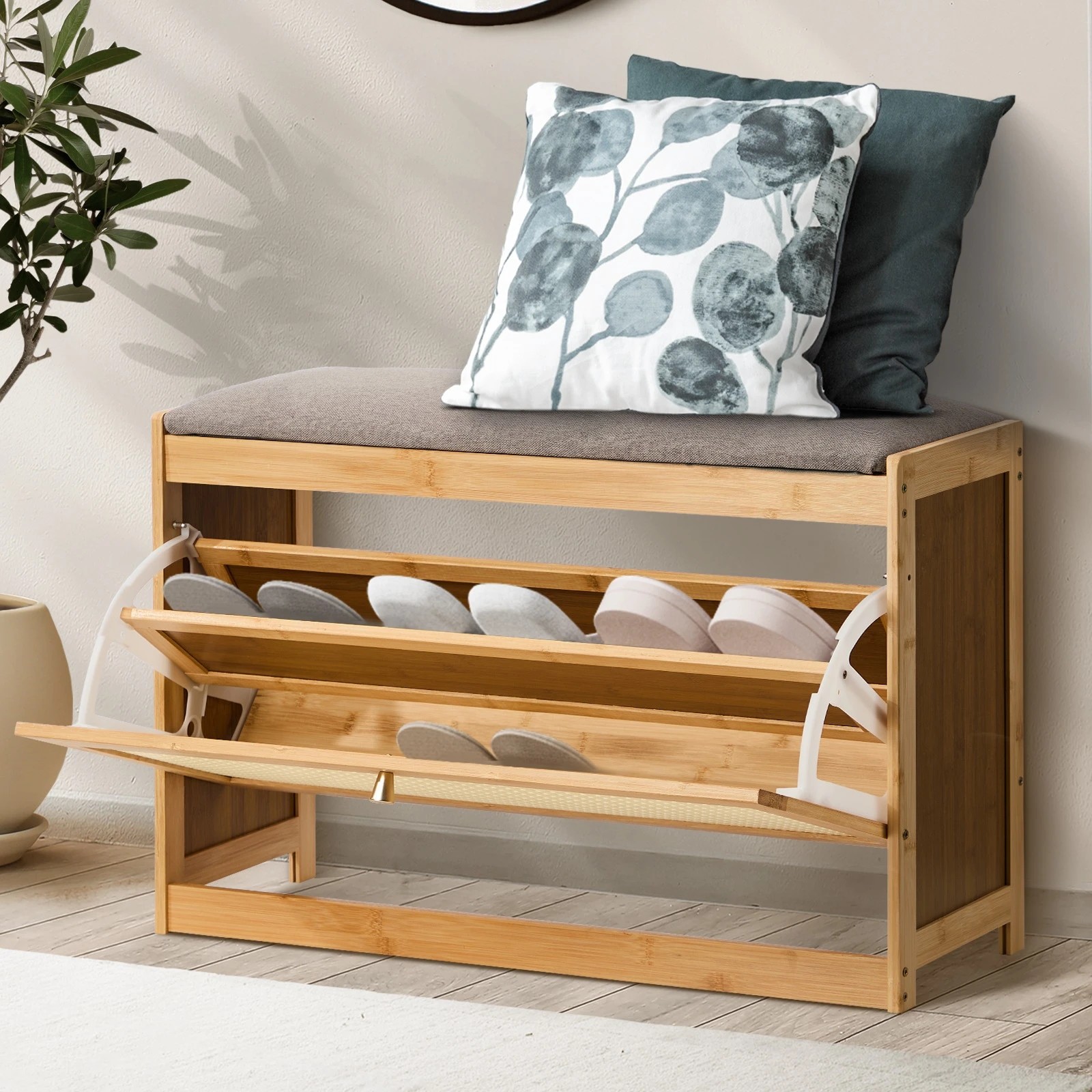 2 Oikiture Shoe Storage Bench Bamboo 2 in 1 Organiser Shelf with Seat 70cm - Natural, 2 of 9