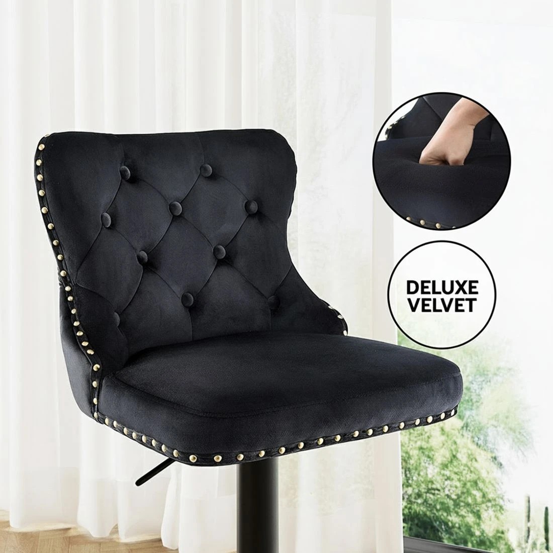 5 Artiss 4x Velvet Bar Stool Adjustable Height Nailhead Trim Kitchen Counter - Black, 5 of 6