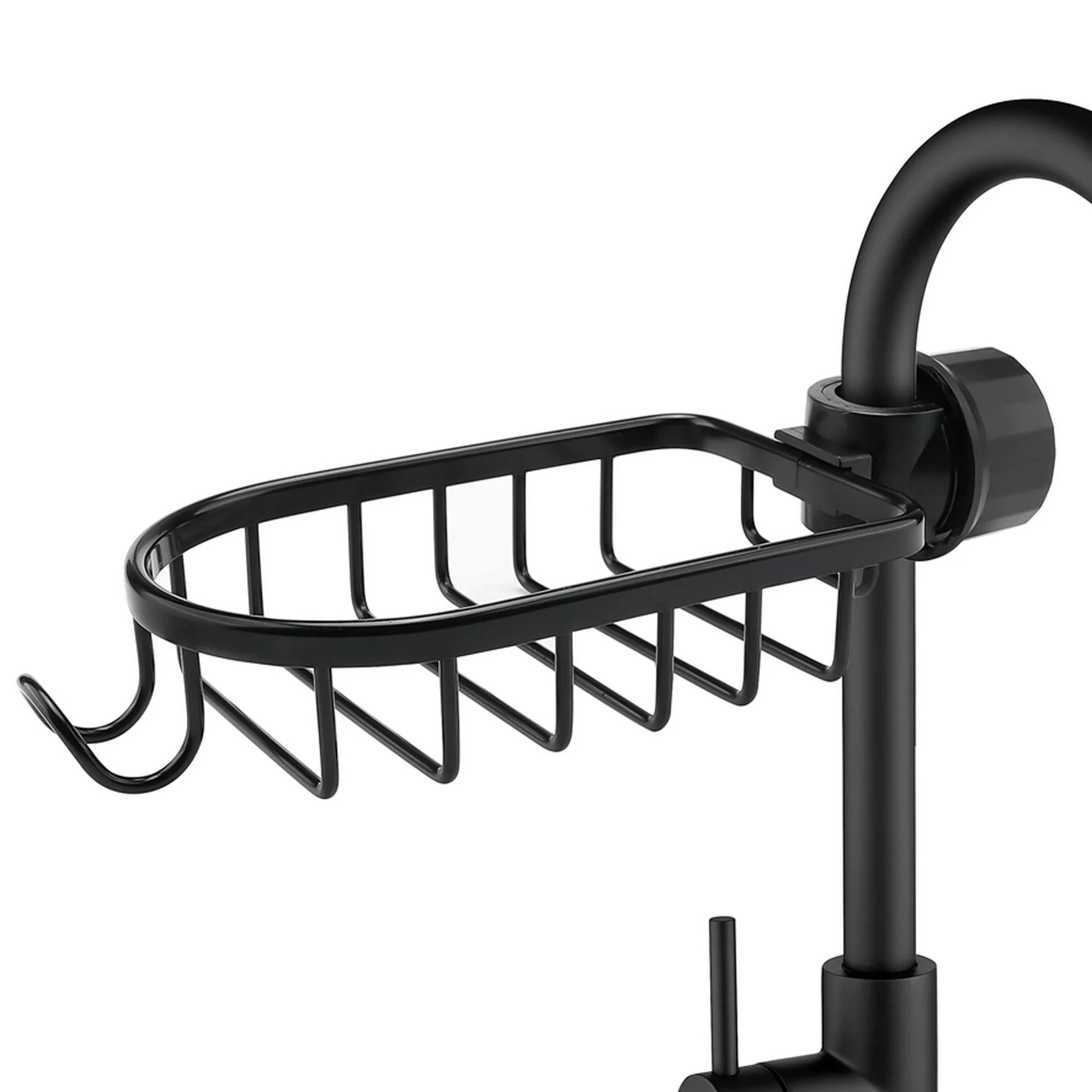 1 Kitchen Sponge Holder Faucet Caddy Bath Shower Storage Rack Aluminium Alloy Rust Free Waterproof - Black - Black, 1 of 4