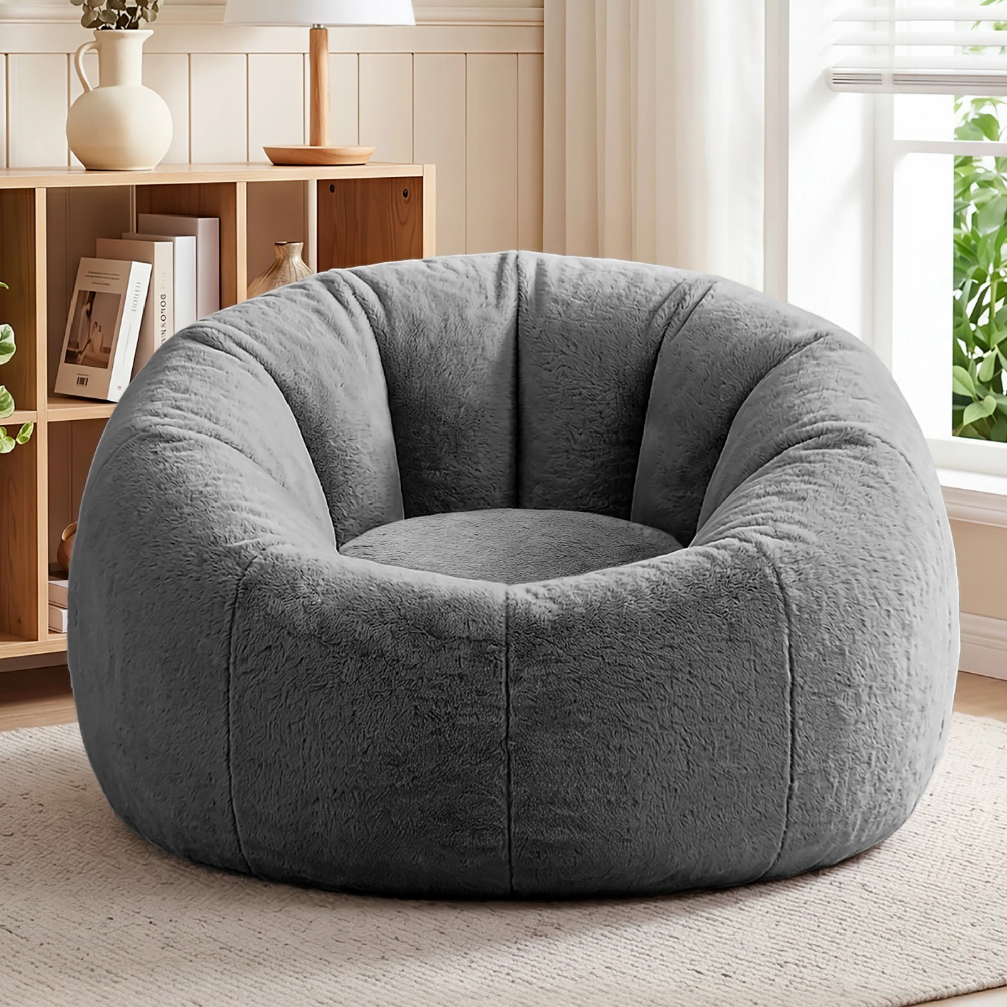 10 Artiss Bean Bag Chair Cover Faux Fur No Filler Washable Lazy Sofa Cover - Grey, 10 of 10