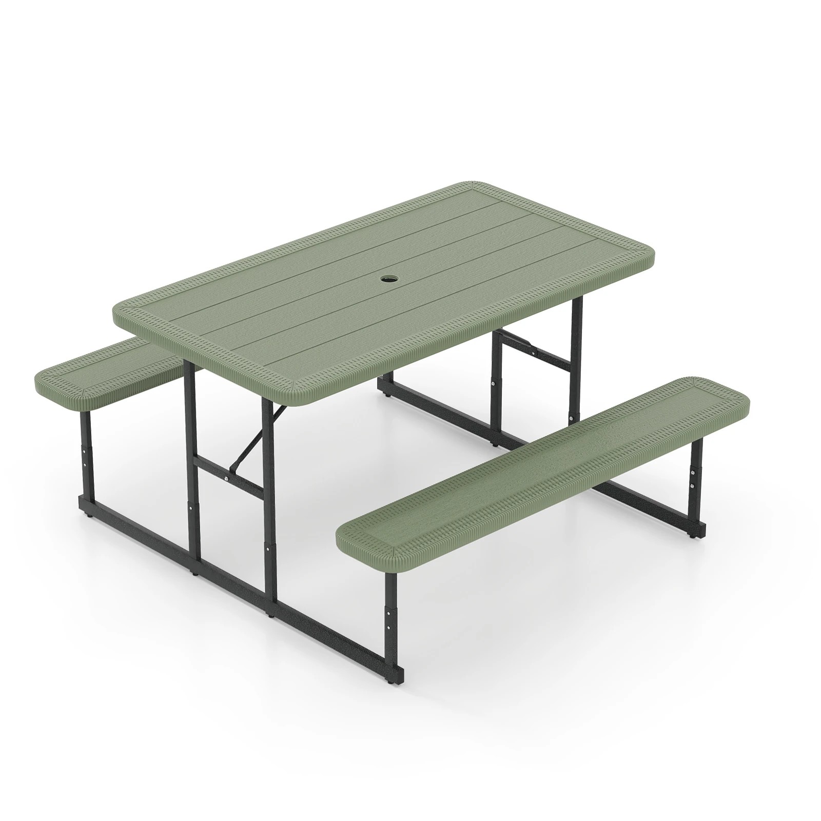1 Costway 2-4 People Picnic Table Bench Set w/Umbrella Hole Outdoor Camping Table & Chairs - Green, 1 of 3
