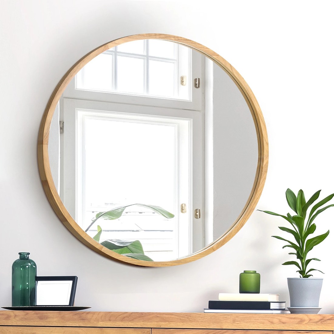 3 Oikiture 60cm Wall Mirrors Round Makeup Mirror Home Decor Wooden Dining Room
 - Natural, 3 of 9