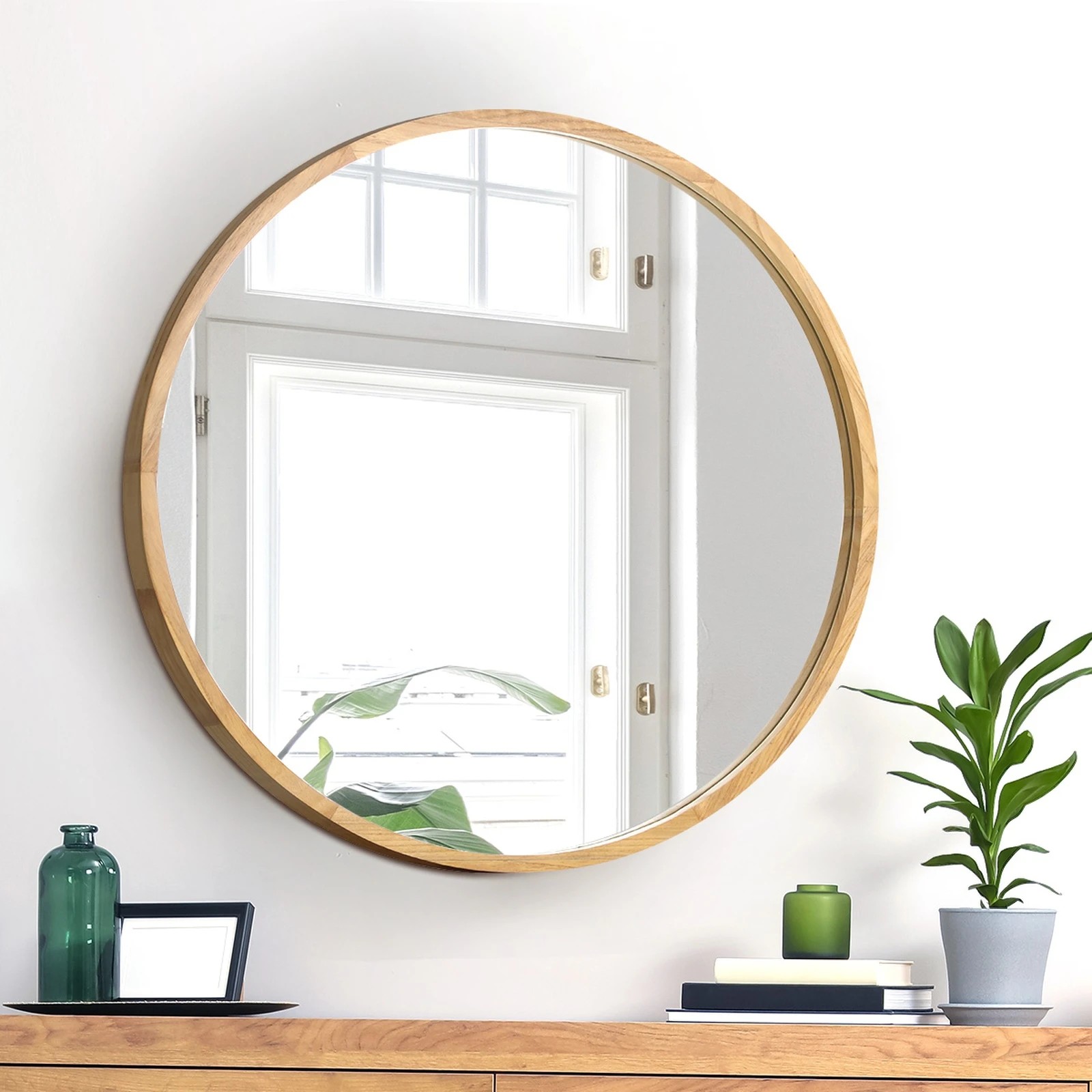 3 Oikiture 60cm Wall Mirrors Round Makeup Mirror Home Decor Wooden Dining Room
 - Natural, 3 of 9