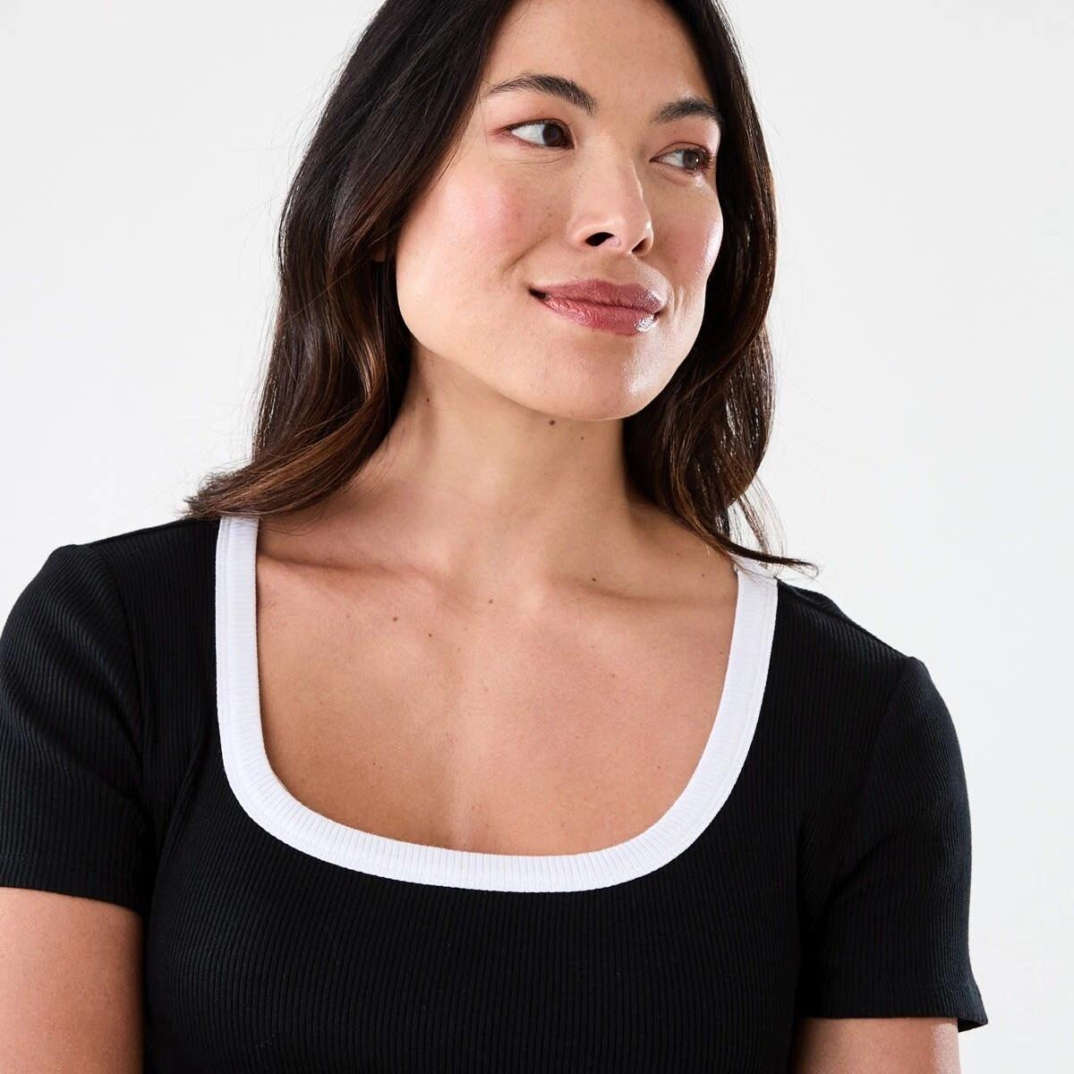 4 Short Sleeve Rib Square Neck T-shirt Blk Wht, 4 of 5
