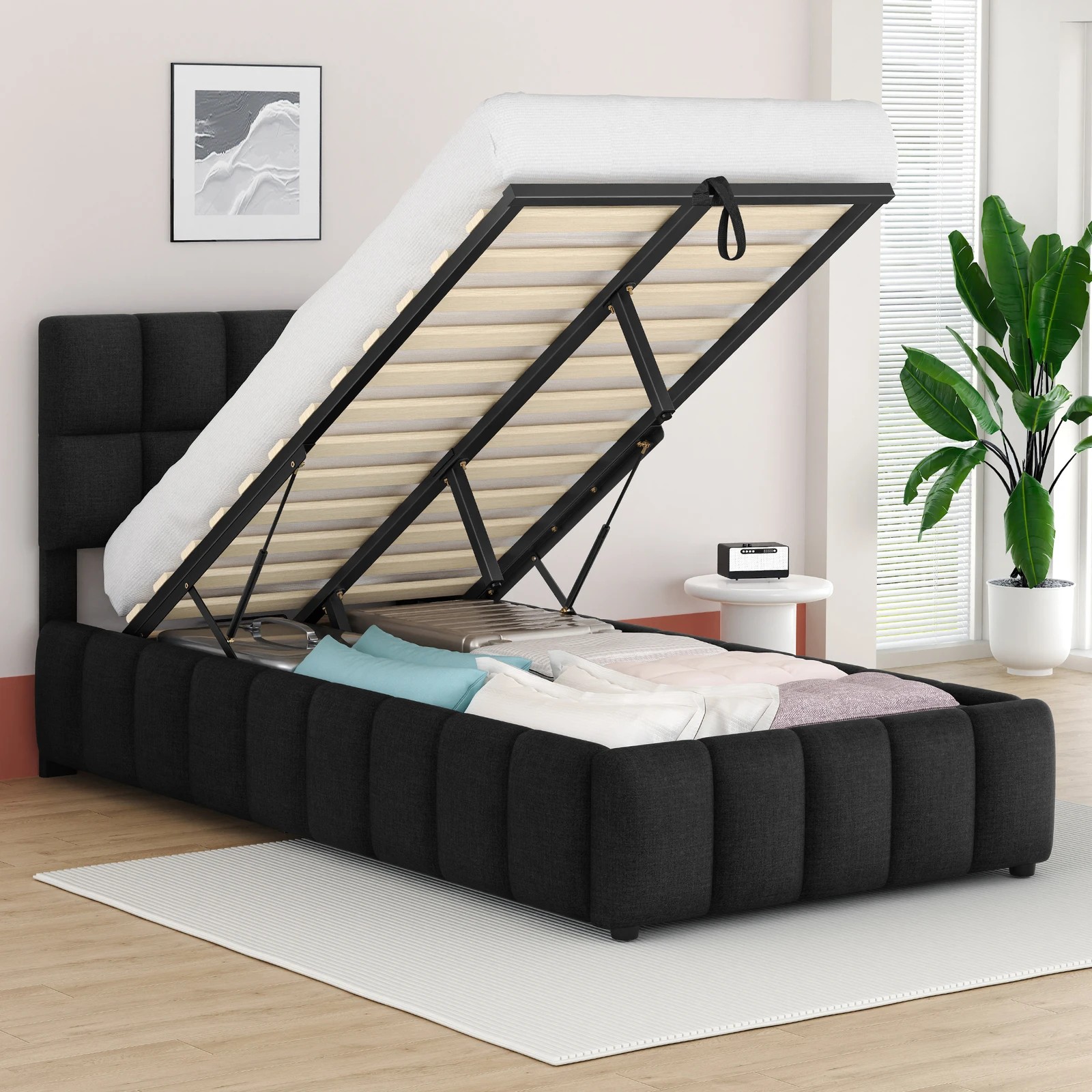 5 Alfordson Bed Frame King Single Grid Tufted Gas Lift Storage Gromit - Charcoal, 5 of 10
