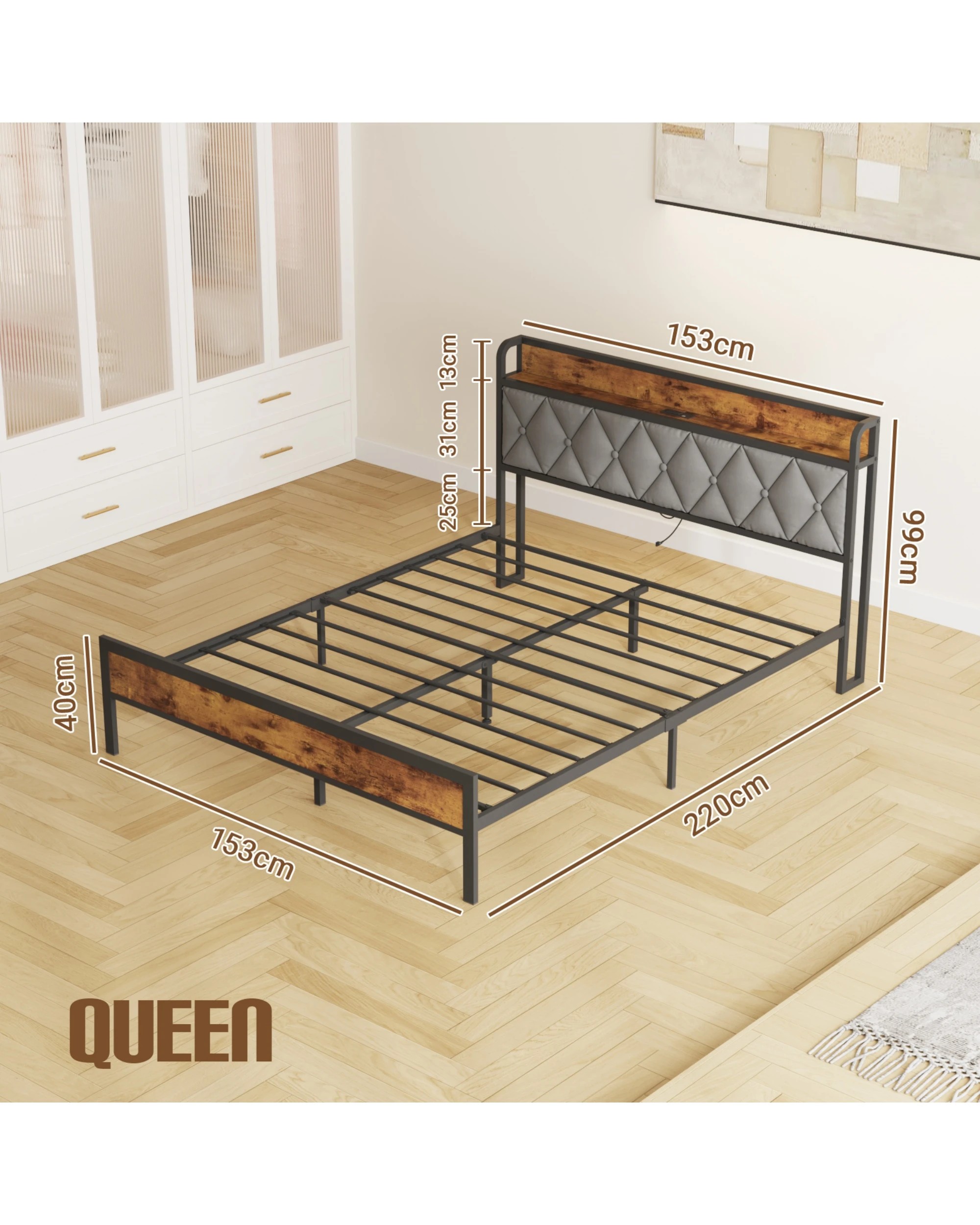 2 Advwin Queen Bed Frame With Charging Station & Usb Ports Storage Tufted Headboard Shelf, 2 of 9