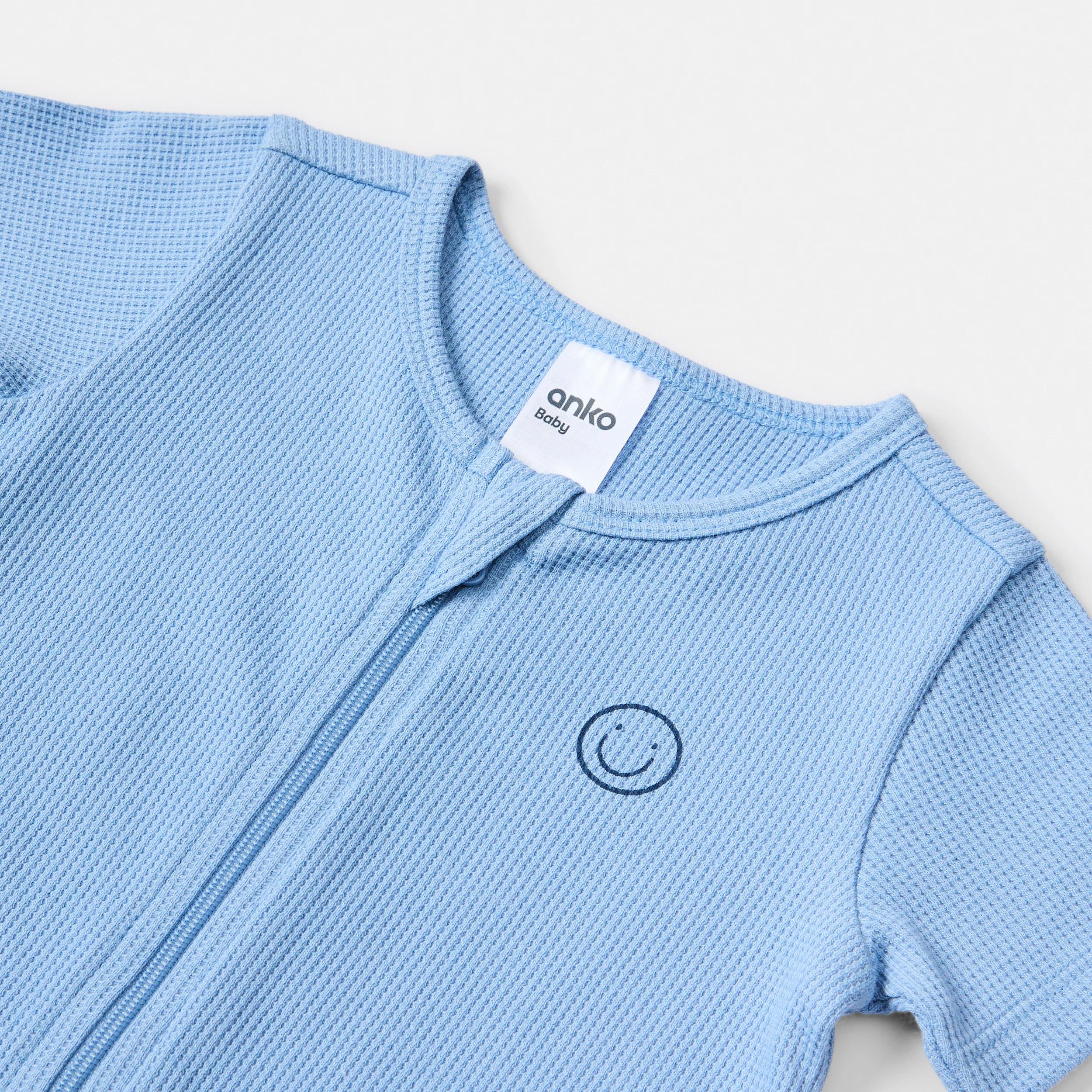 3 Short Sleeve Waffle Zip Romper BLUE SMILEY, 3 of 3