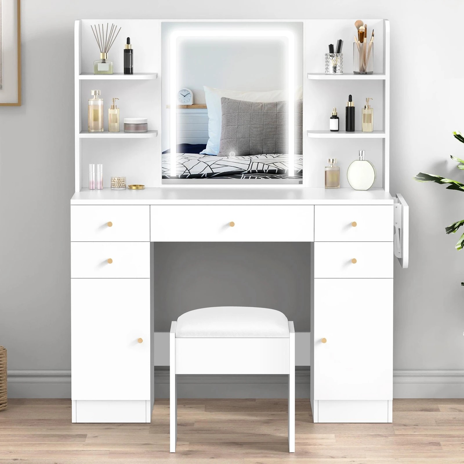 8 Alfordson Dressing Table Stool Set Makeup Mirror LED Vanity 5 Drawers - White, 8 of 9
