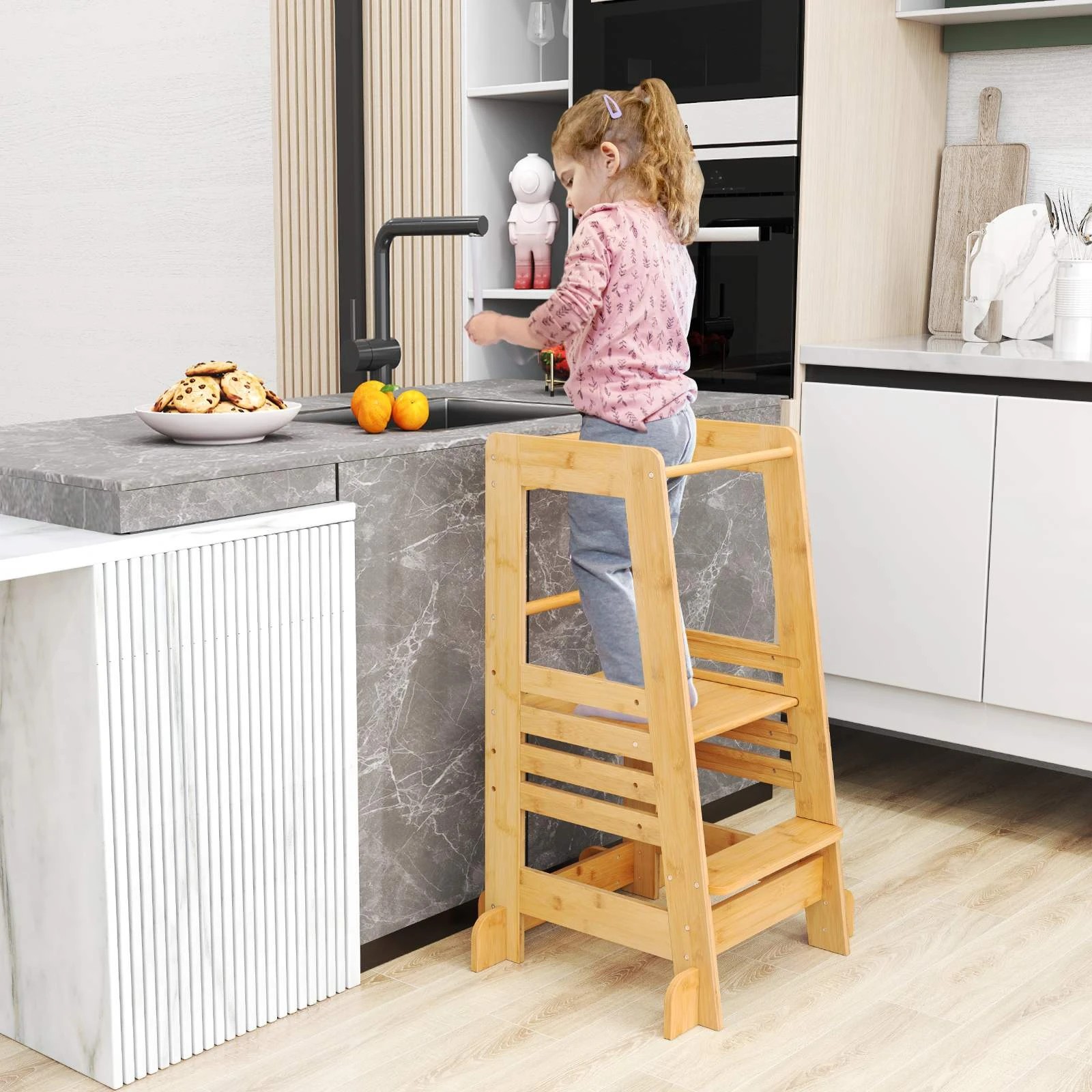 2 Costway Wood Step Stool Standing Tower Natural Look, 2 of 3