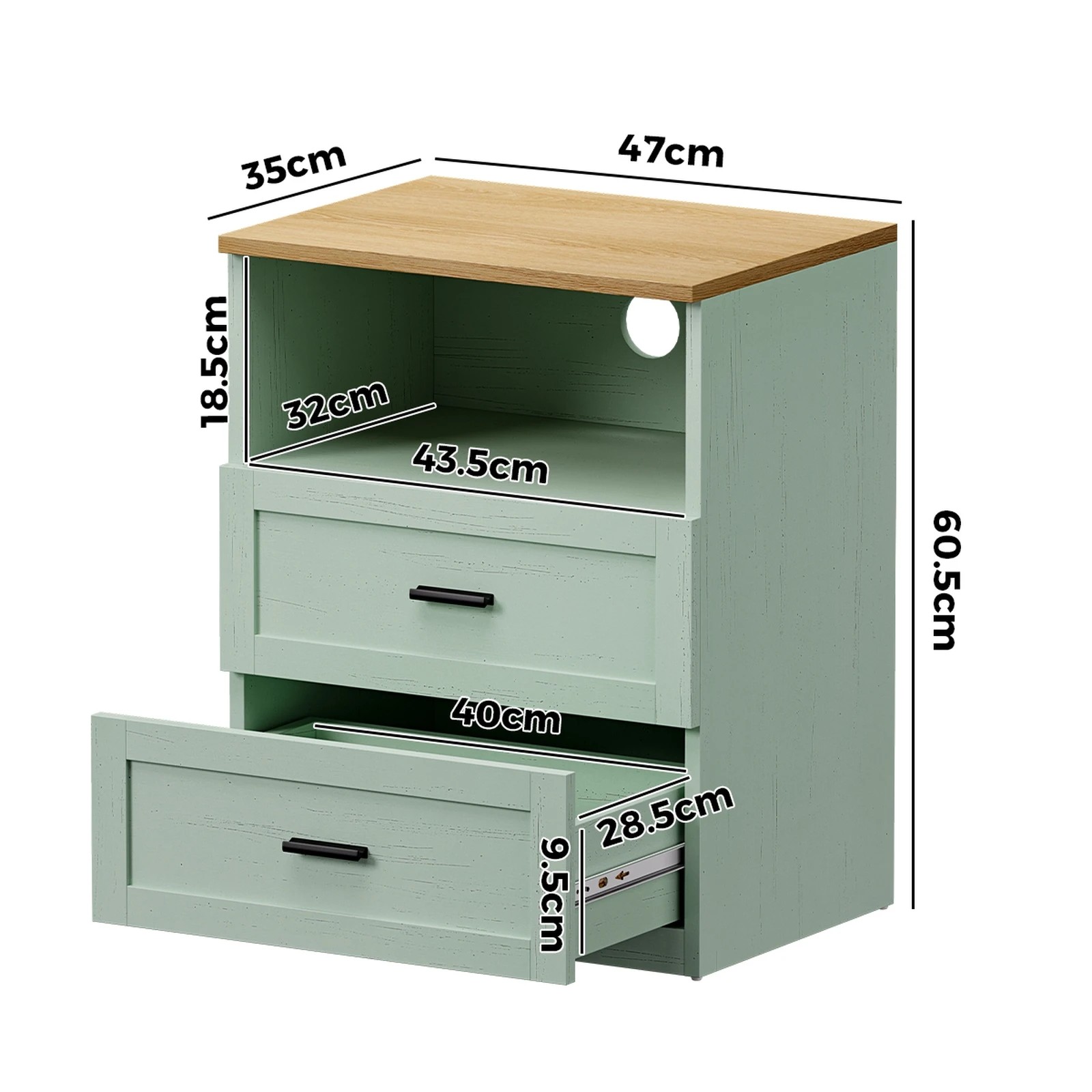 2 Oikiture Bedside Table 2 Drawers Open Shelf Nightstand Storage - Green, 2 of 8