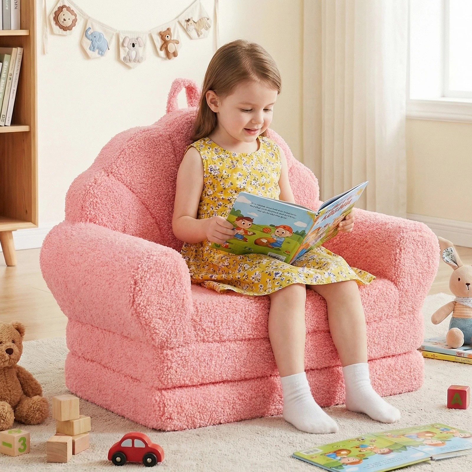 2 Costway Shell Folding Sofa 2-in-1 Flip Out Small Foam Couch Teddy Fleece Lounger - Pink, 2 of 5