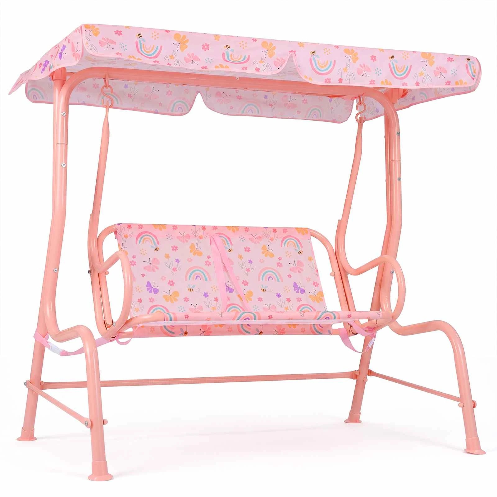 1 Costway 2-Seater Swing Bench Outdoor Hanging Swing Chair w/Adjustable Canopy & Belts - Pink, 1 of 2