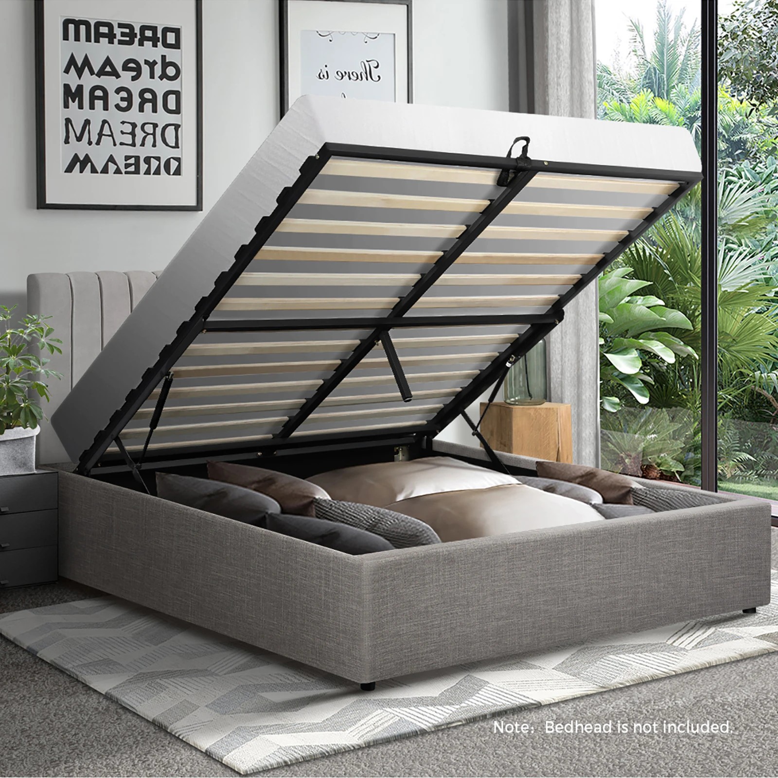 3 Oikiture Bed Frame Double Size Gas Lift Base With Storage
 - Grey, 3 of 8