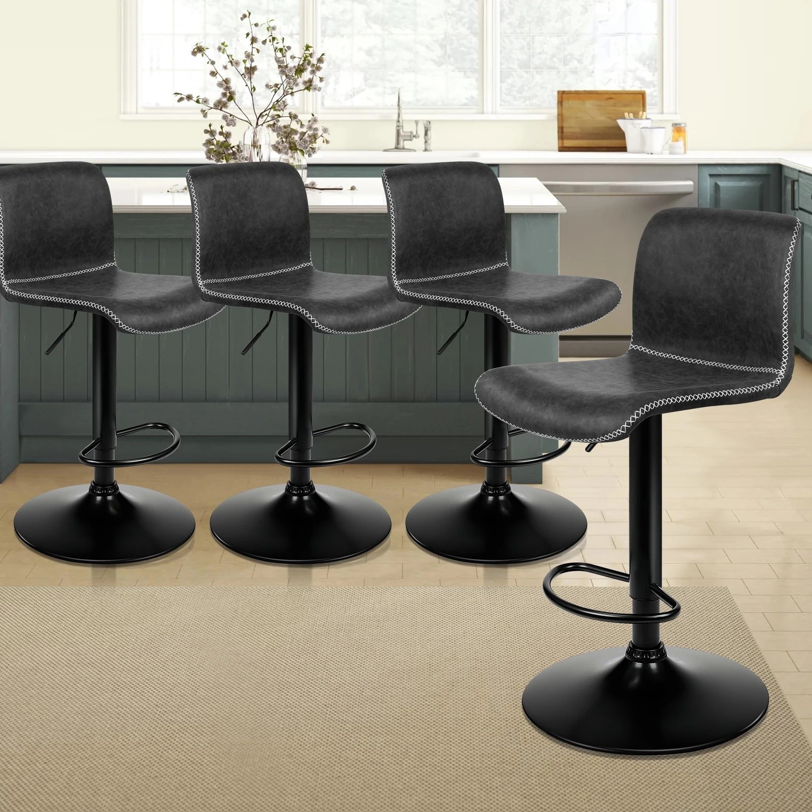 6 Alfordson 4x Bar Stools Remy Kitchen Gas Lift Swivel Chair Vintage Leather - Grey, 6 of 10