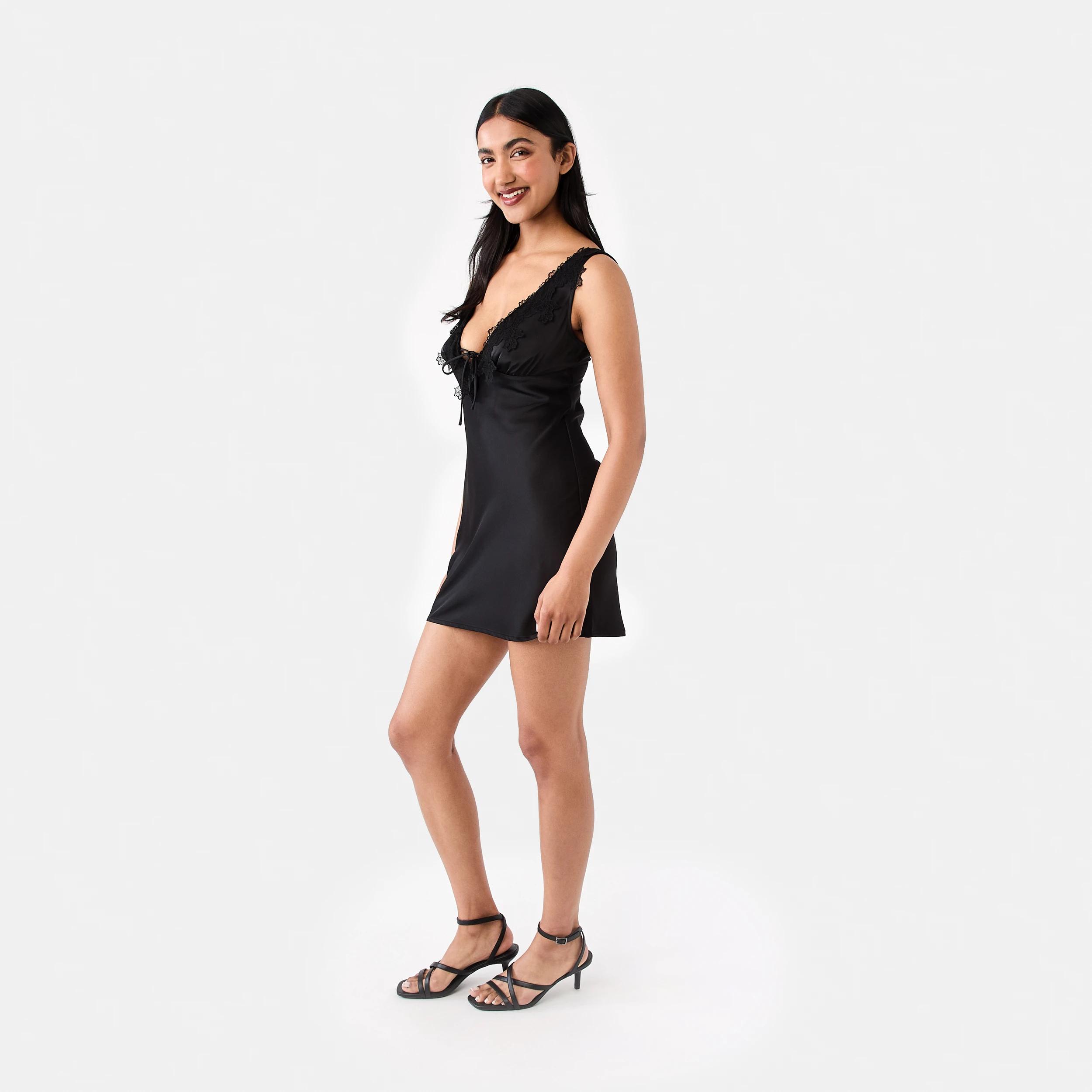 3 Satin Tie Mini Dress Black, 3 of 7