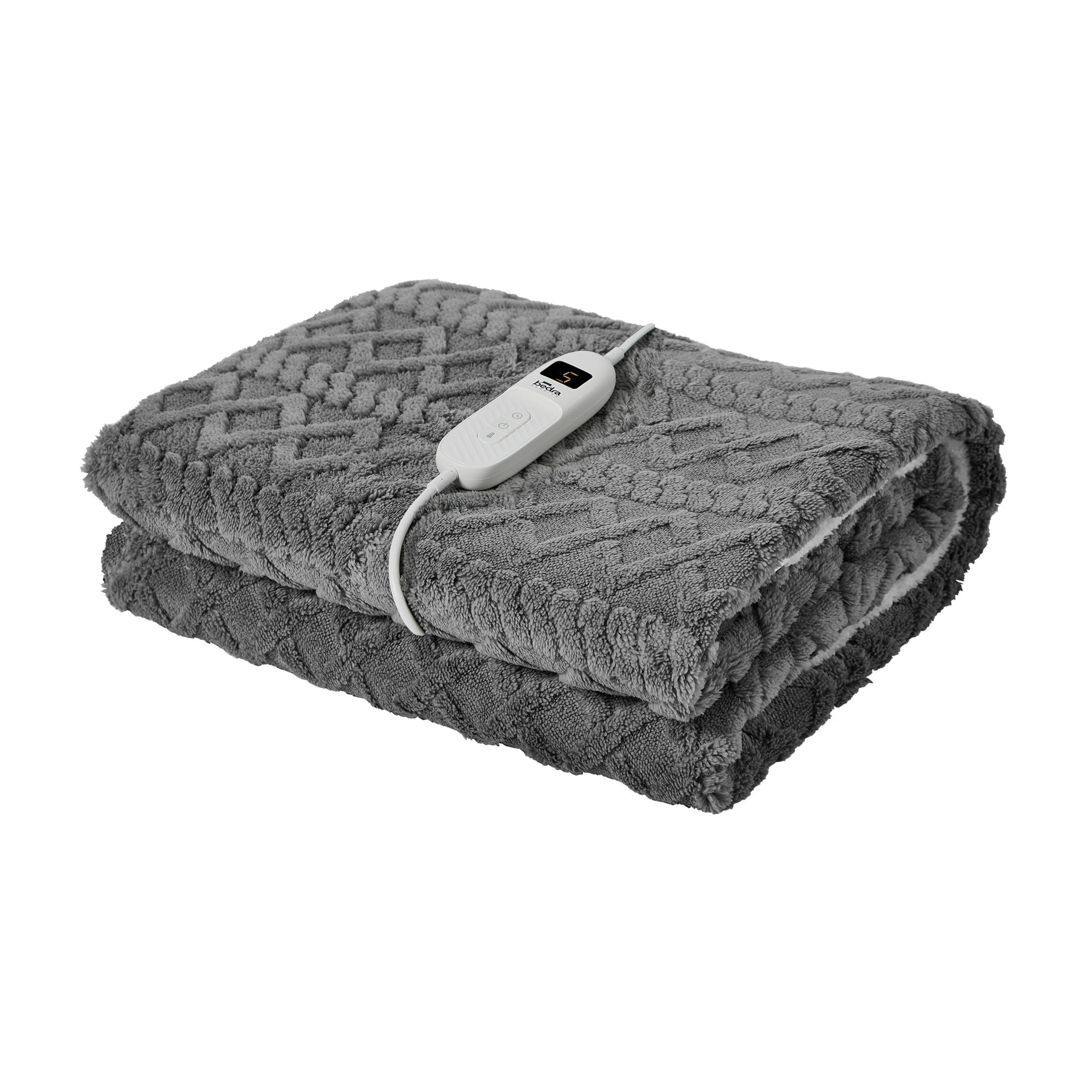 1 Bedra Bedding Electric Throw Rug Dual Side Heated Blanket Flannel&Sherpa Square Pattern - Single Bed - Grey, 1 of 8